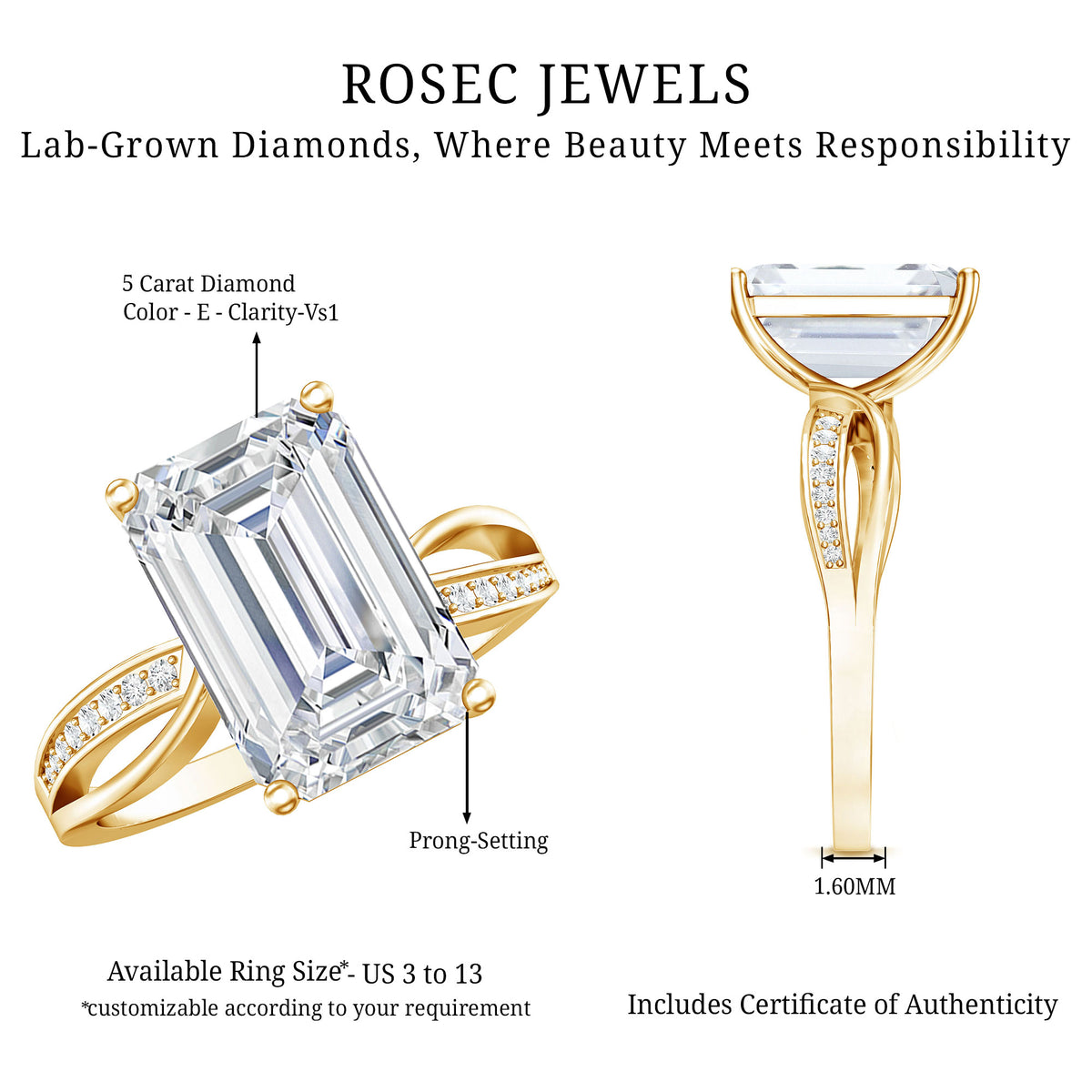 Huge 5 Carat Emerald Cut Lab Grown Diamond Infinity Band Engagement Ring with IGI Certificate Lab - ( E-VS1 ) - Rosec Jewels