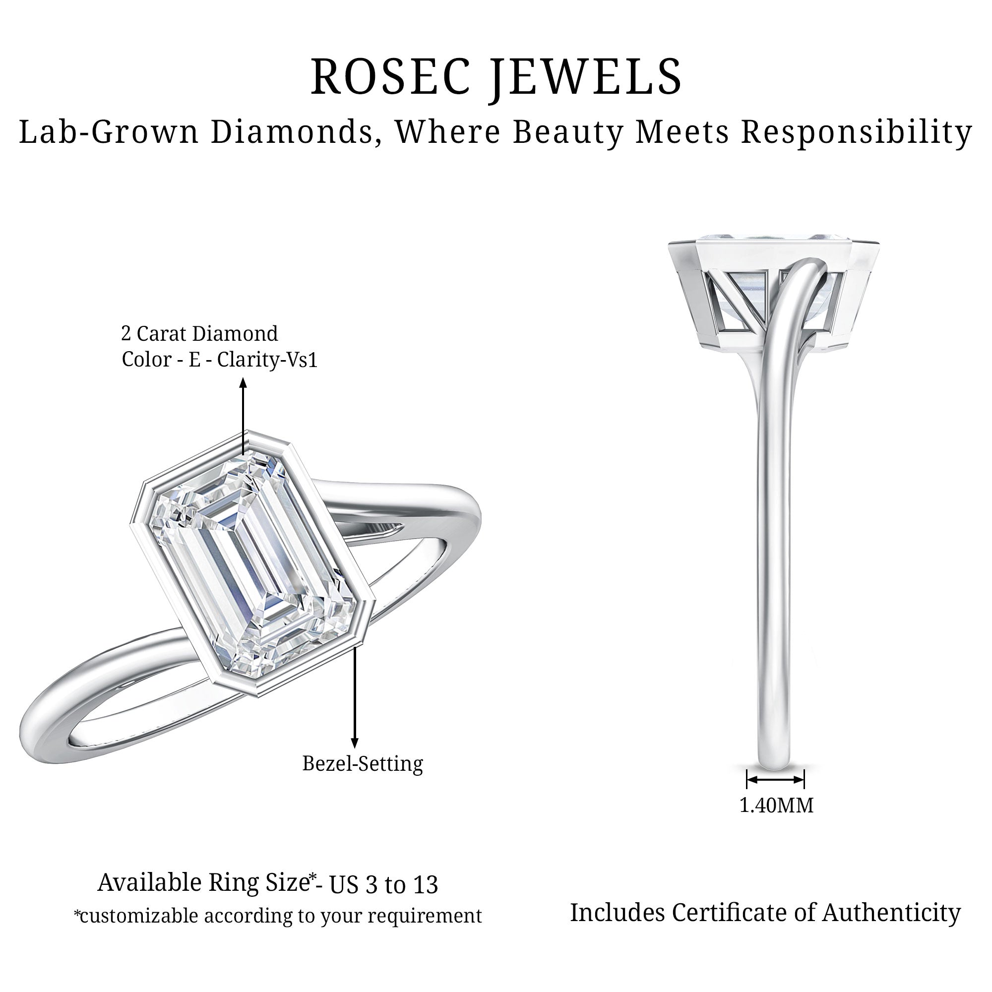 Solitaire 2 Carat Lab Grown Emerald Cut Diamond Bypass Engagement Ring IGI Certified Lab - ( E-VS1 ) - Rosec Jewels