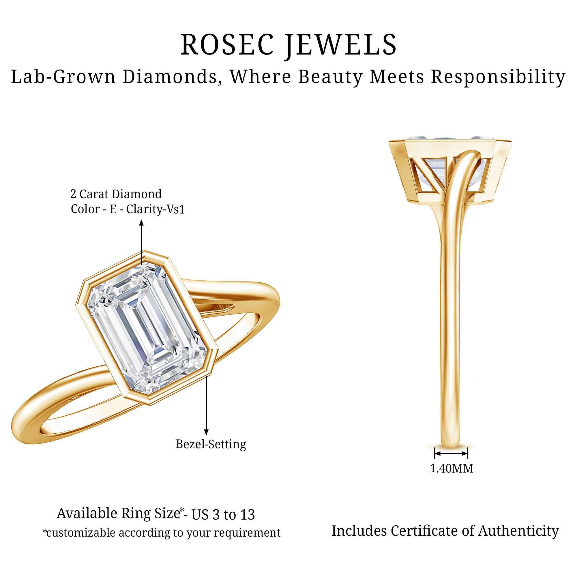 Solitaire 2 Carat Lab Grown Emerald Cut Diamond Bypass Engagement Ring IGI Certified Lab - ( E-VS1 ) - Rosec Jewels