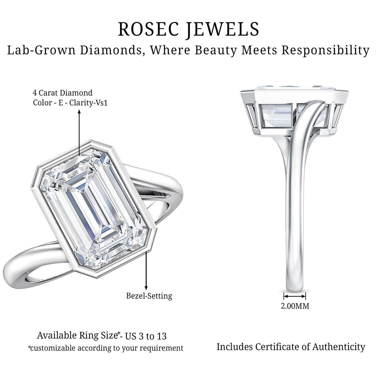 IGI Verified 4 Carat Emerald Cut Lab Grown Diamond Bypass Engagement Ring Lab - ( E-VS1 ) - Rosec Jewels