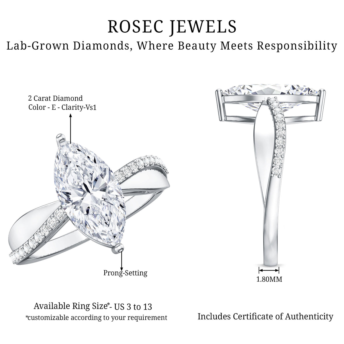 IGI Certified Lab Grown Diamond Marquise Solitaire Engagement Ring 2 Carat Lab - ( E-VS1 ) - Rosec Jewels