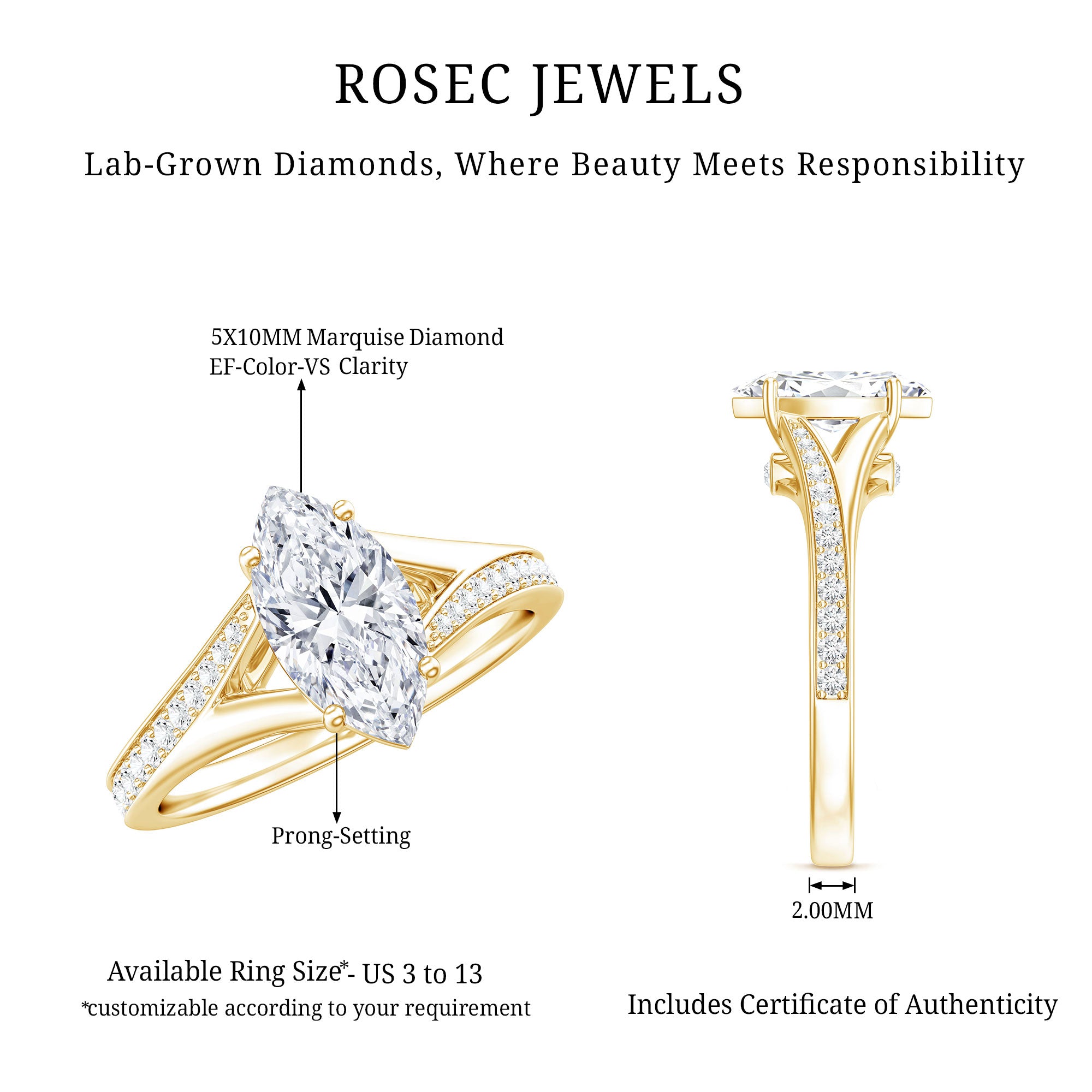 IGI Certified 1 Carat Marquise Lab Grown Diamond Engagement Ring with Split Shank Lab - ( E-VS1 ) - Rosec Jewels