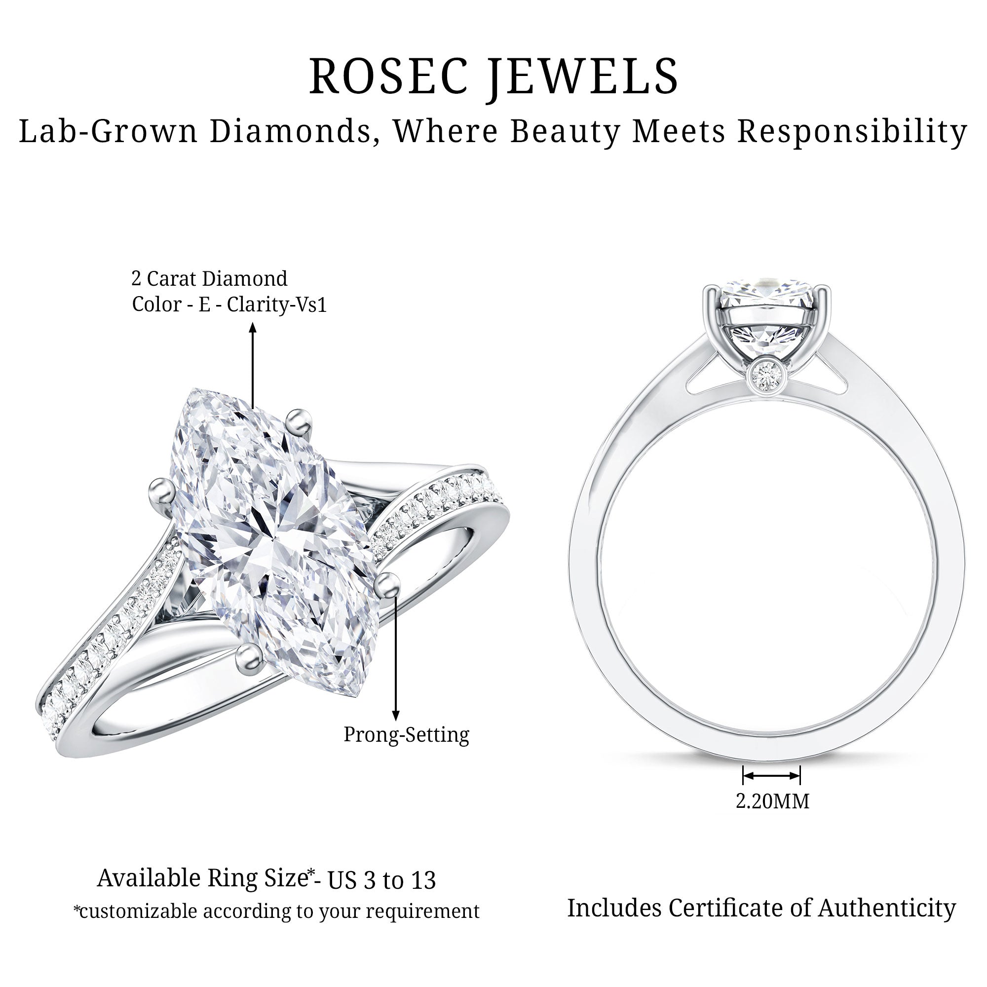 2 Carat IGI Certified Lab Grown Diamond Marquise Engagement Ring with Split Shank Lab - ( E-VS1 ) - Rosec Jewels