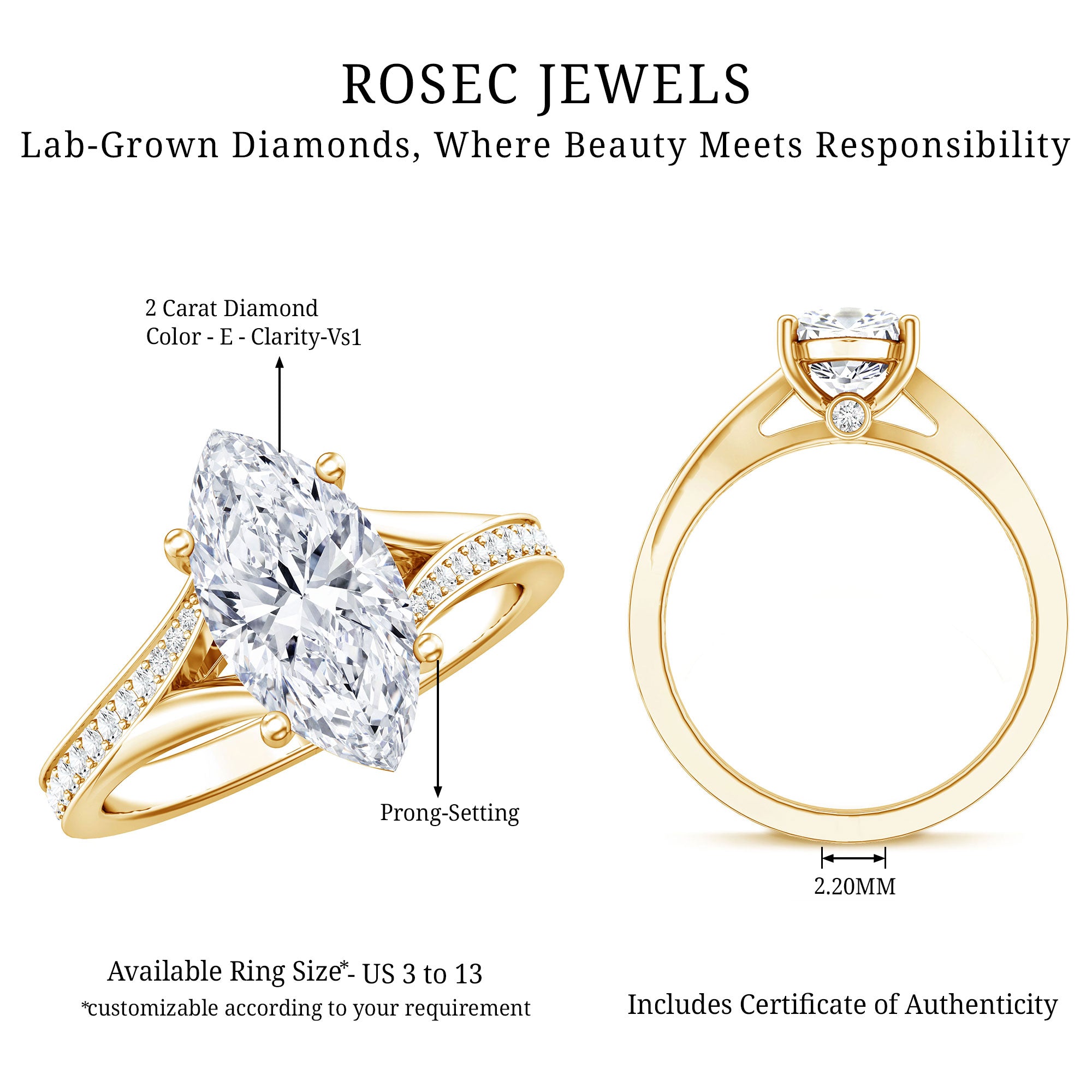 Rosec Jewels-2 Carat IGI Certified Lab Grown Diamond Marquise Engagement Ring with Split Shank