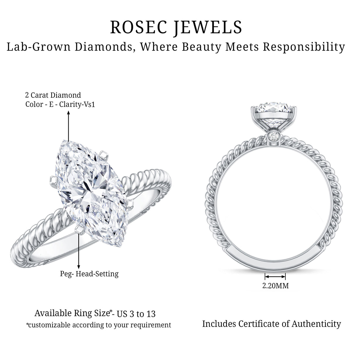 Marquise Cut 2 Carat Lab Grown Diamond Solitaire Engagement Ring IGI Certified Lab - ( E-VS1 ) - Rosec Jewels