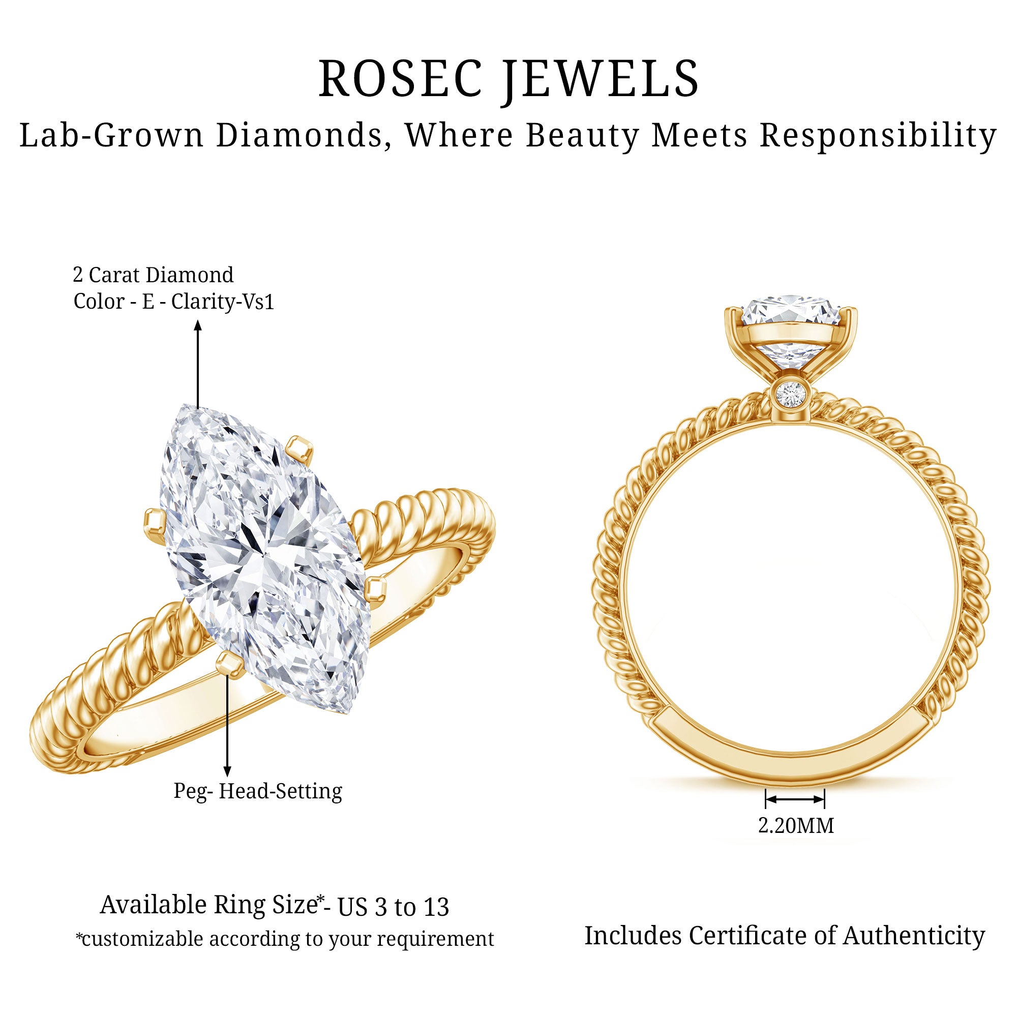 Rosec Jewels-Marquise Cut 2 Carat Lab Grown Diamond Solitaire Engagement Ring IGI Certified
