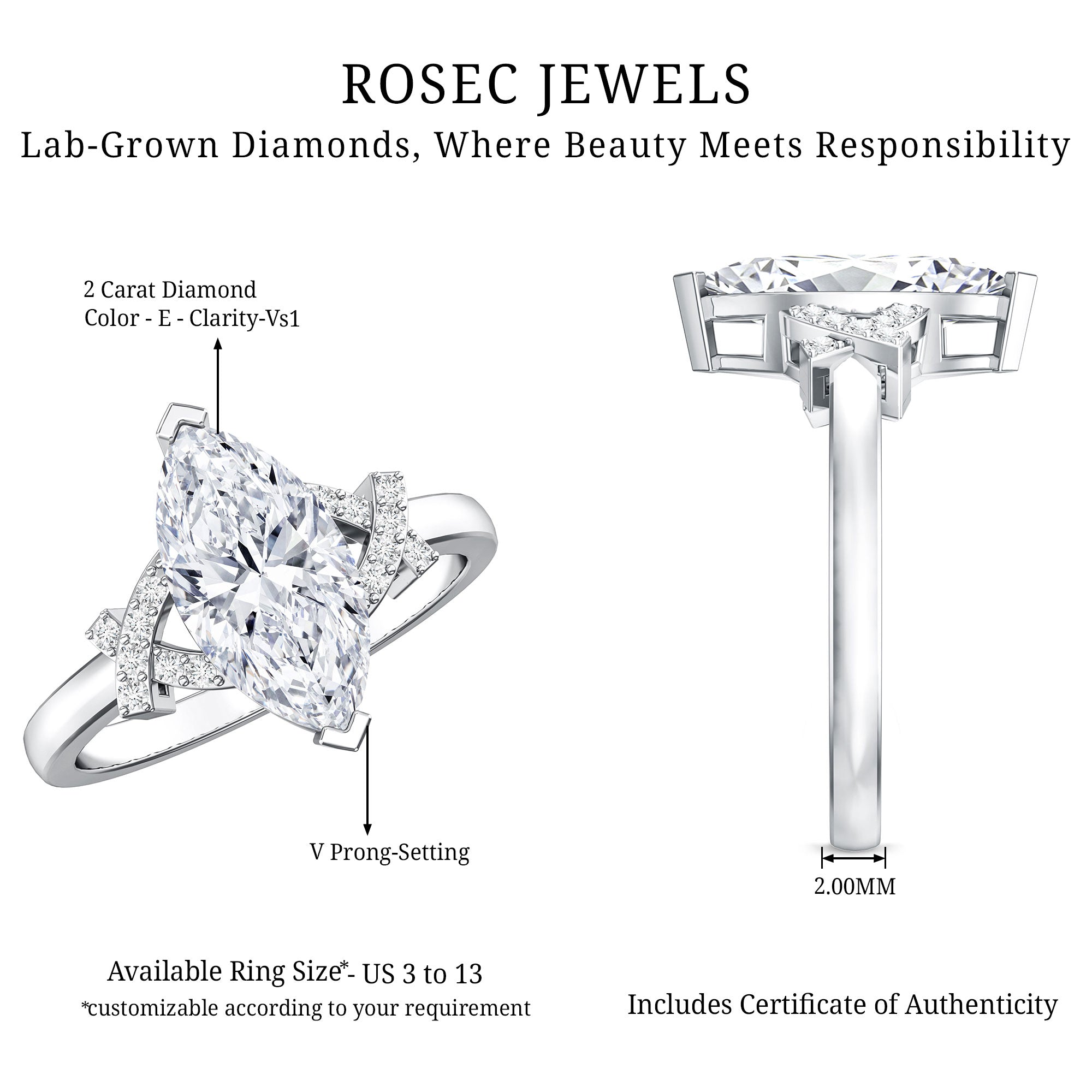 Marquise Cut IGI Certified Lab Grown Diamond Statement Engagement Ring 2 Carat Lab - ( E-VS1 ) - Rosec Jewels