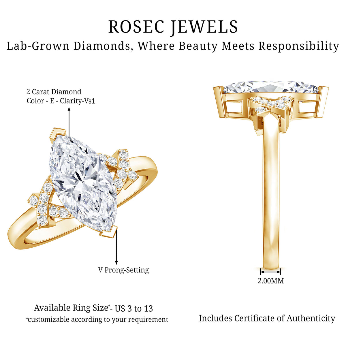 Marquise Cut IGI Certified Lab Grown Diamond Statement Engagement Ring 2 Carat Lab - ( E-VS1 ) - Rosec Jewels