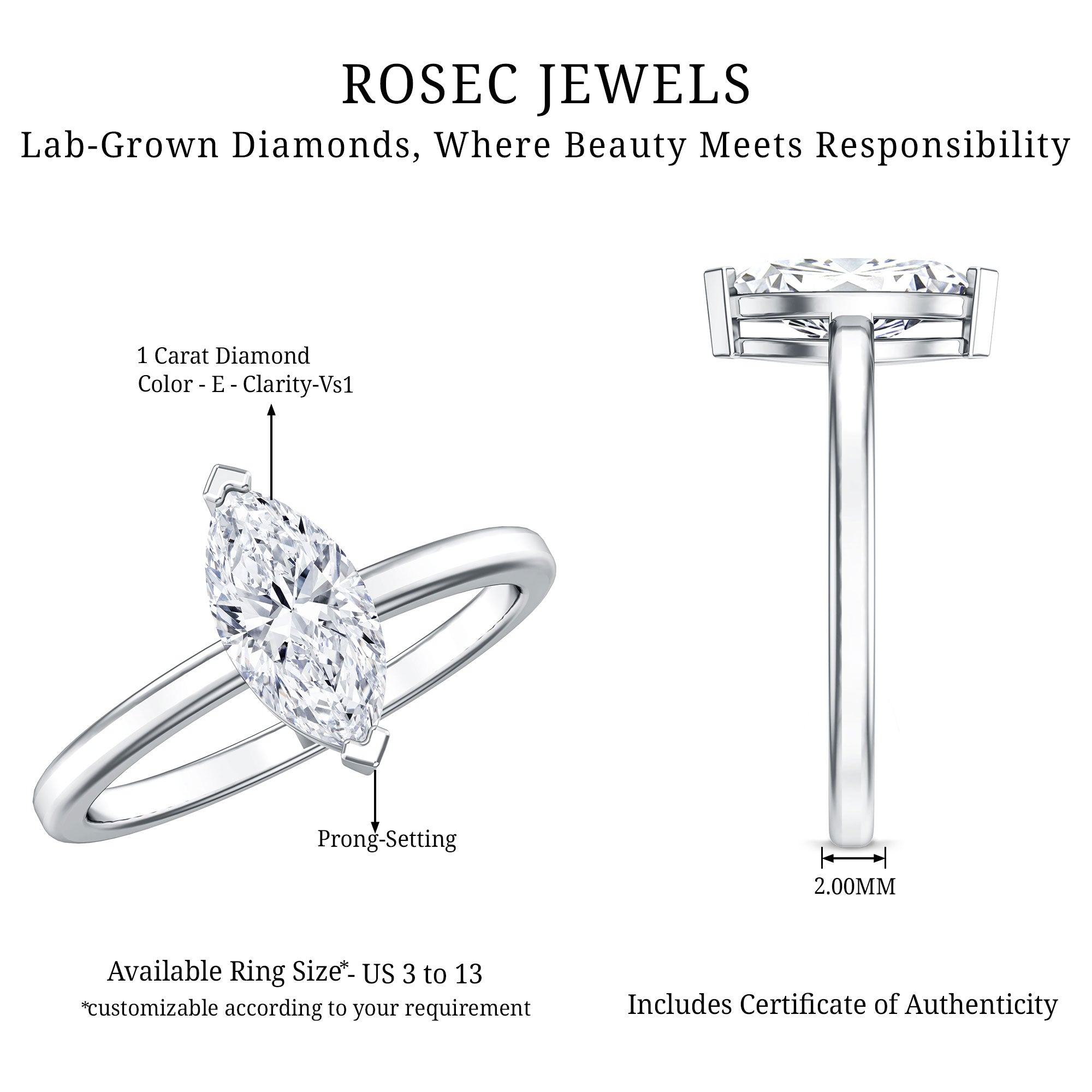 Classic Marquise Cut Lab Grown Diamond 1 Carat Engagement Ring with IGI Certificate Lab - ( E-VS1 ) - Rosec Jewels