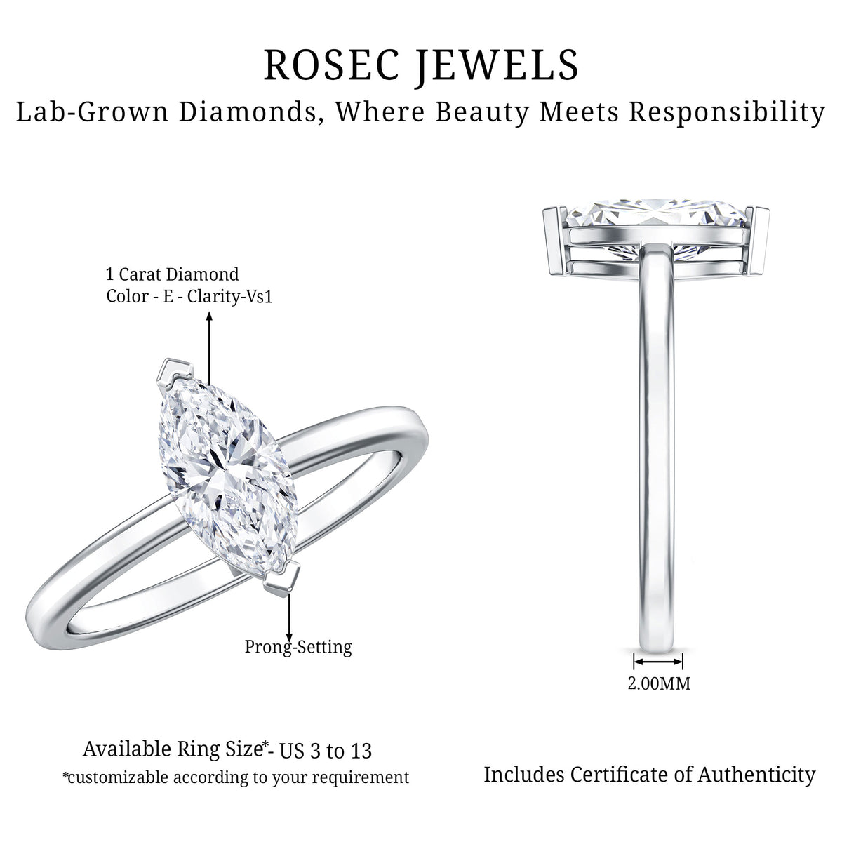 Classic Marquise Cut Lab Grown Diamond 1 Carat Engagement Ring with IGI Certificate Lab - ( E-VS1 ) - Rosec Jewels