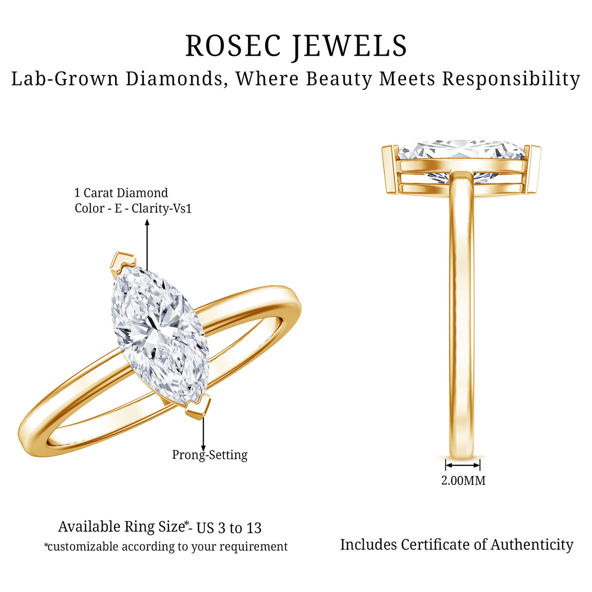 Classic Marquise Cut Lab Grown Diamond 1 Carat Engagement Ring with IGI Certificate Lab - ( E-VS1 ) - Rosec Jewels