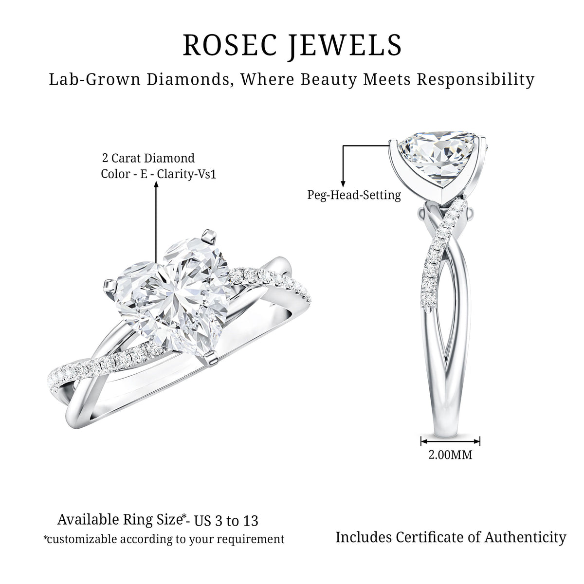 2 Carat Heart Shaped Lab Grown Diamond Crossover Engagement Ring IGI Certified Lab - ( E-VS1 ) - Rosec Jewels