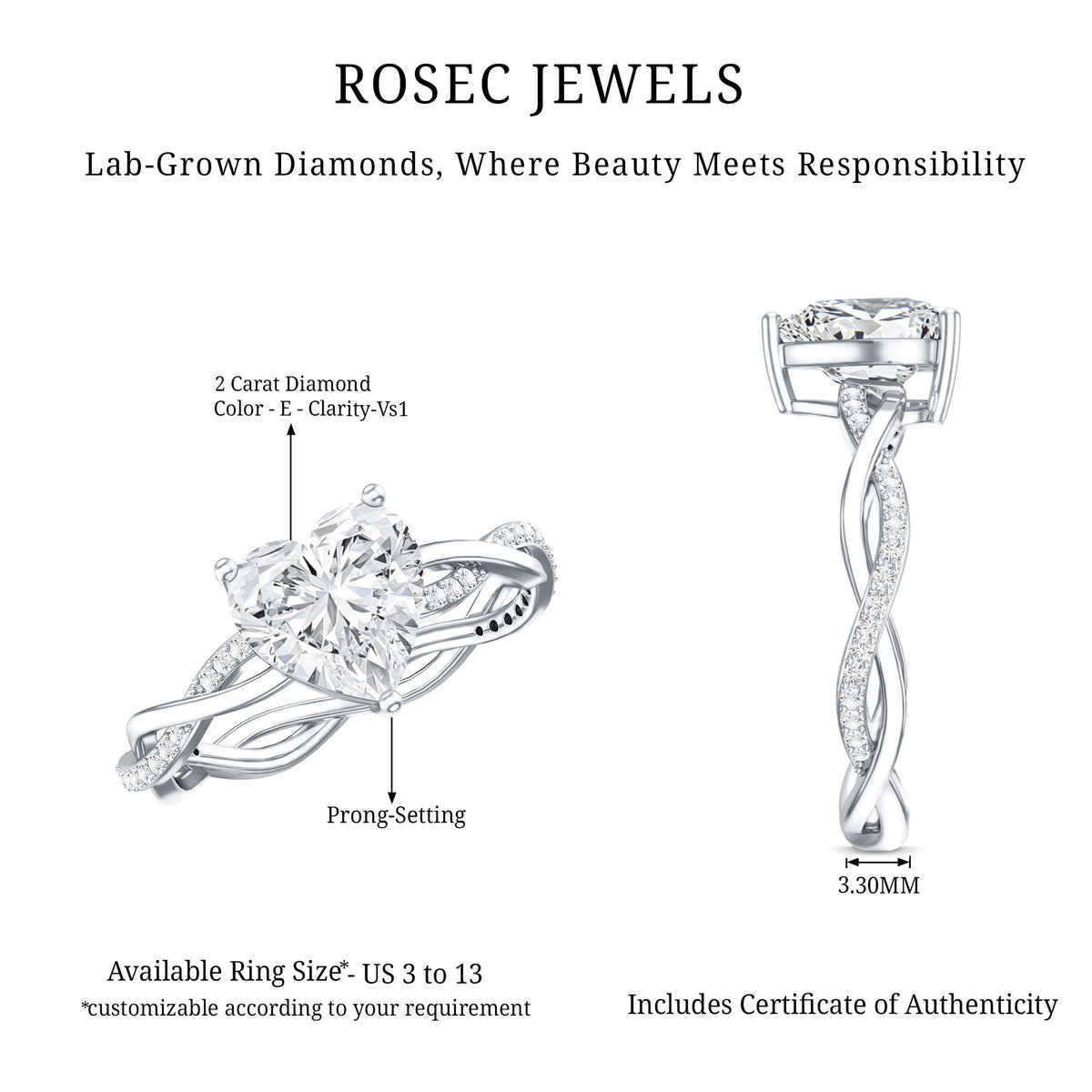 Rosec Jewels-IGI Verified 2 Carat Lab Grown Diamond Heart Engagement Ring with Braided Shank