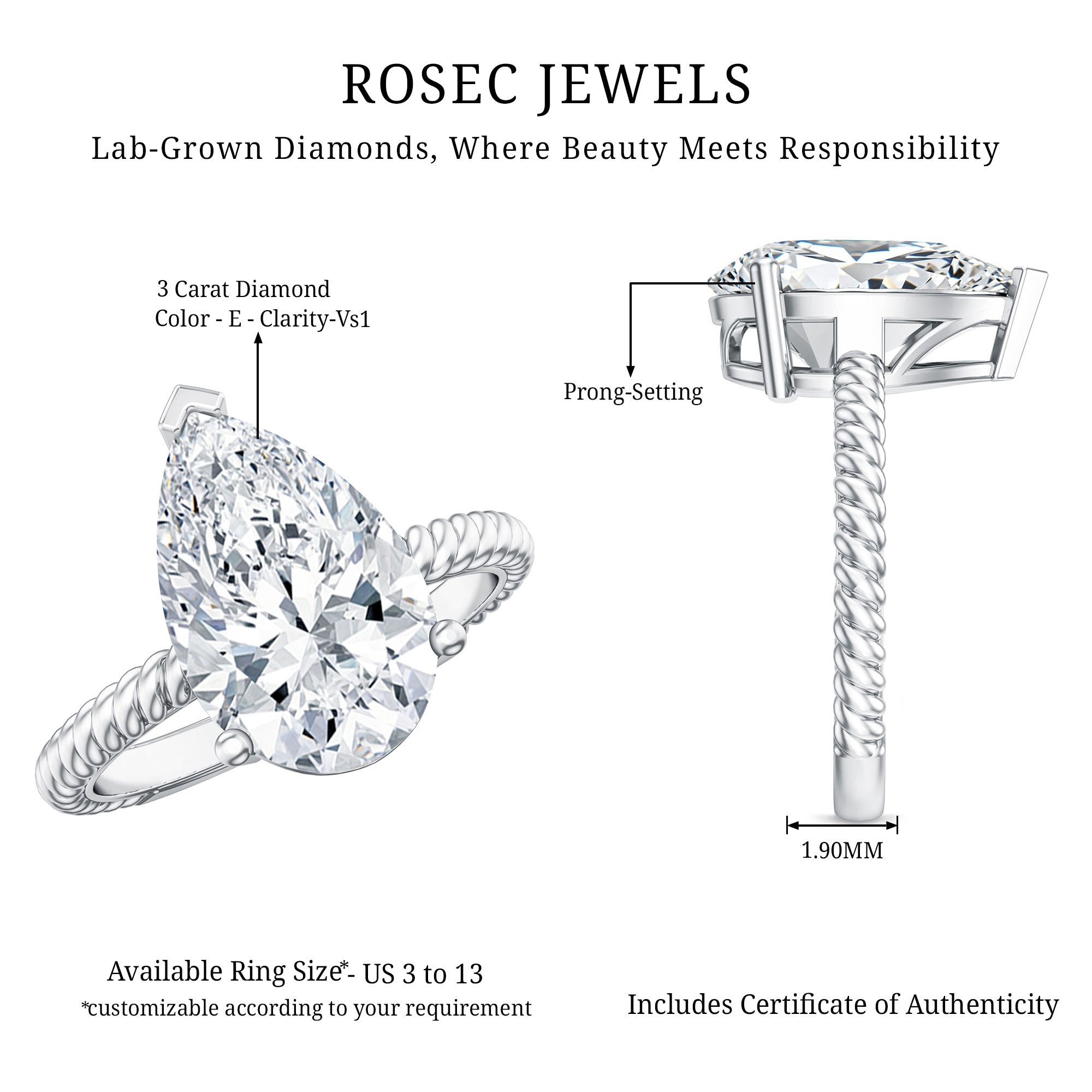 Rosec Jewels-IGI Certified 3 Carat Lab Grown Diamond Pear Solitaire Engagement Ring