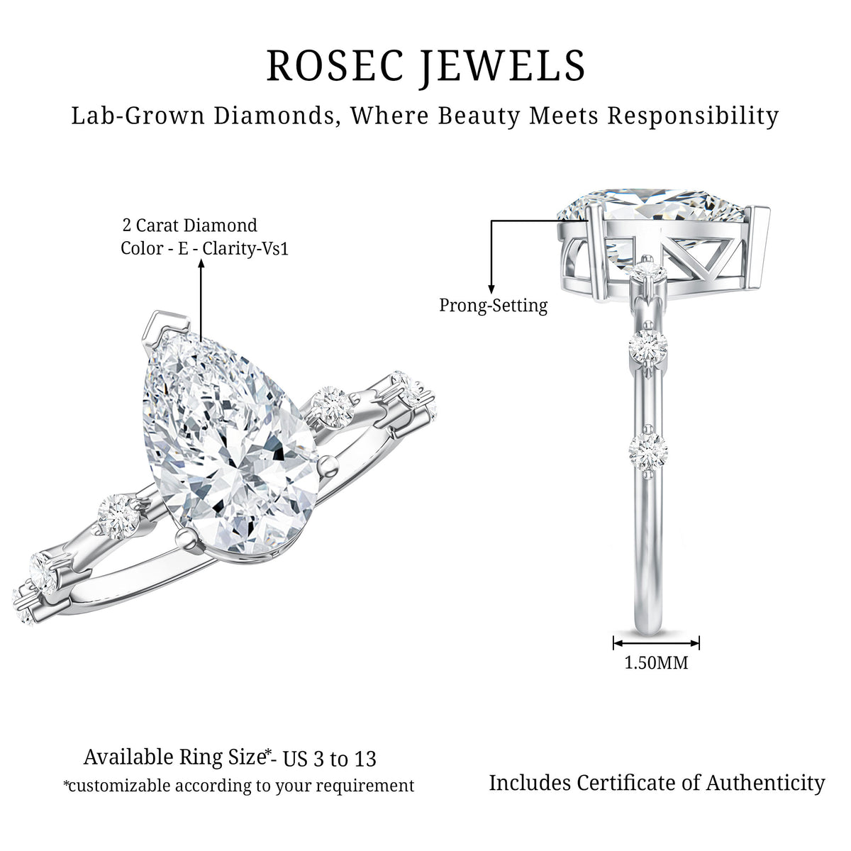 IGI Certified Lab Grown 2 Carat Diamond Teardrop Engagement Ring with Spaced Accent Lab - ( E-VS1 ) - Rosec Jewels
