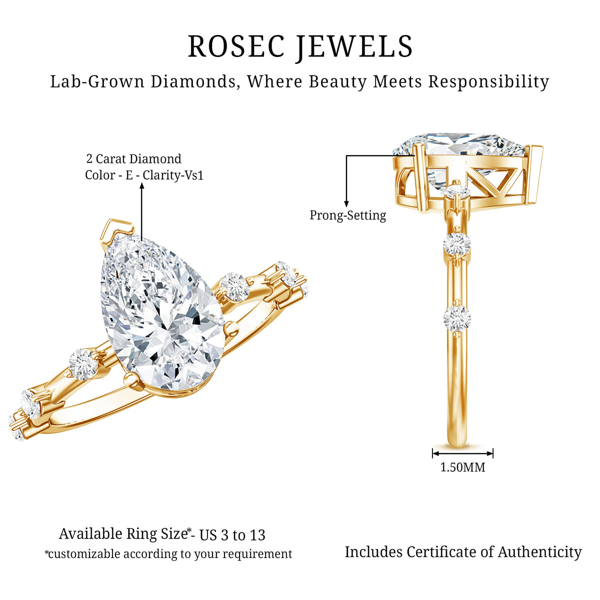 IGI Certified Lab Grown 2 Carat Diamond Teardrop Engagement Ring with Spaced Accent Lab - ( E-VS1 ) - Rosec Jewels