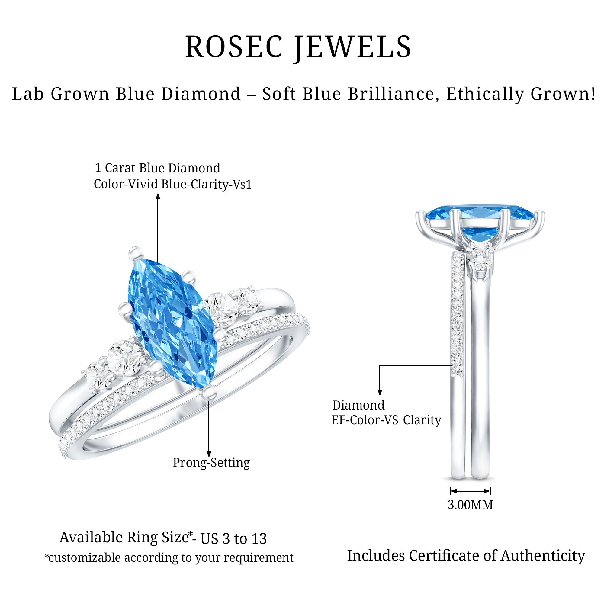 1 Carat Marquise Cut Lab Grown Blue Diamond Solitaire Wedding Ring Set with IGI Certificate Vivid Blue - VS1 - Rosec Jewels