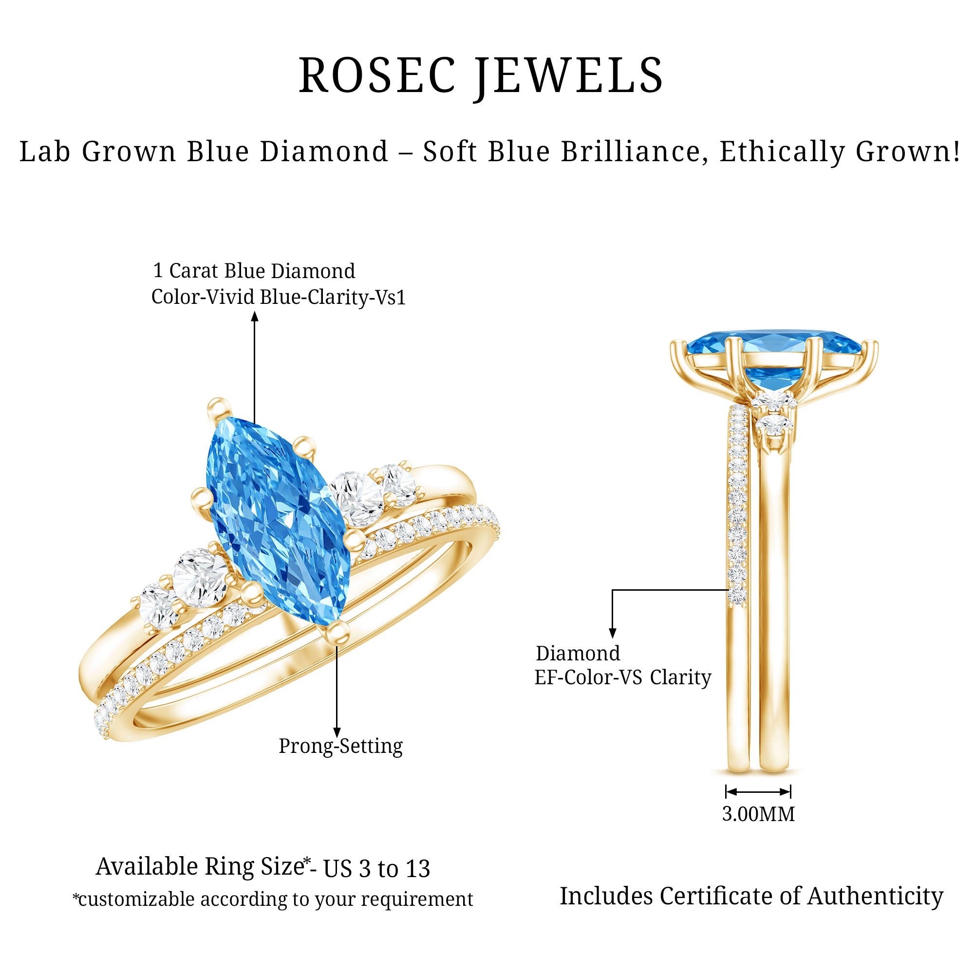 Rosec Jewels-1 Carat Marquise Cut Lab Grown Blue Diamond Solitaire Wedding Ring Set with IGI Certificate