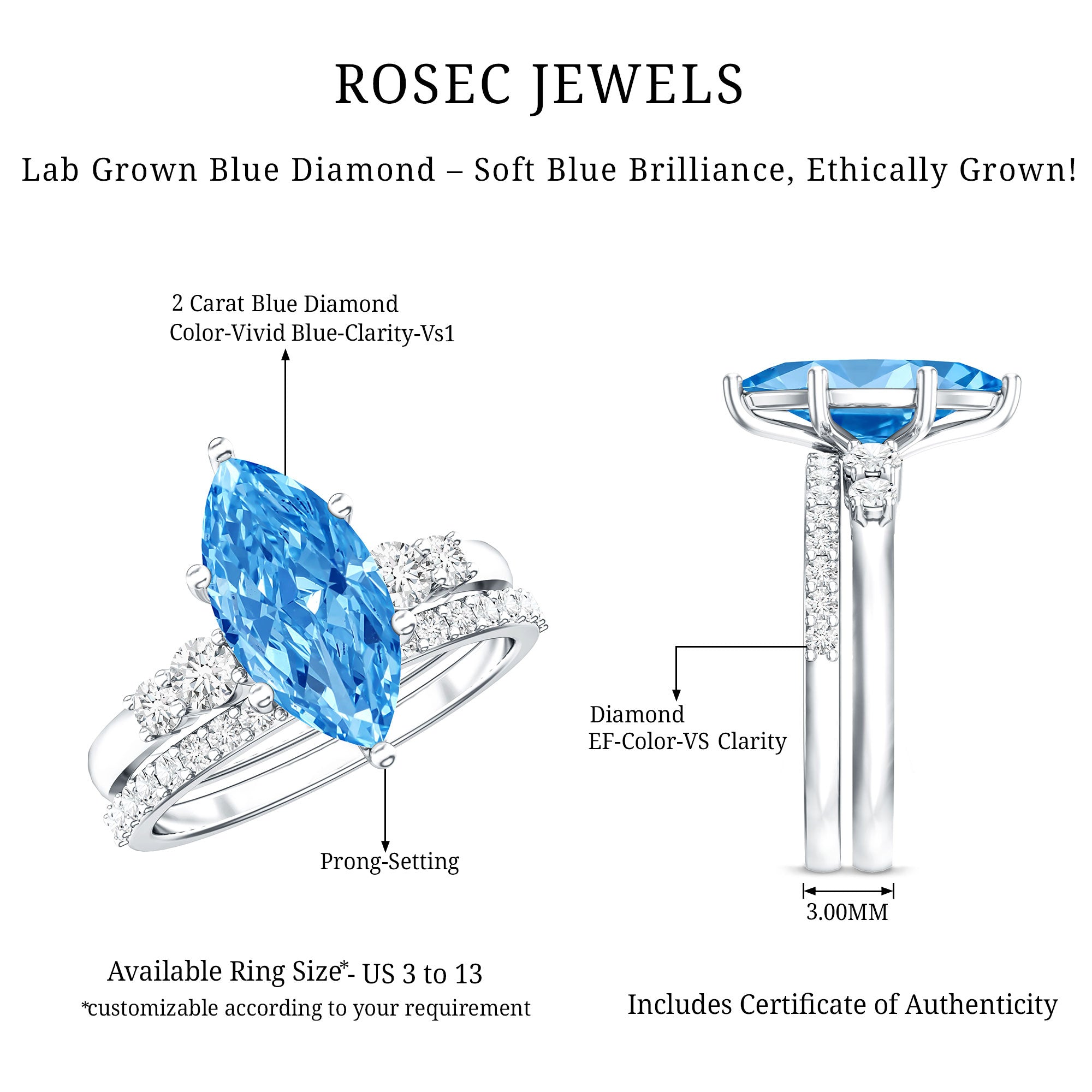 Rosec Jewels-IGI Certified Lab Grown Blue Diamond Marquise Bridal Ring Set 2 Carat