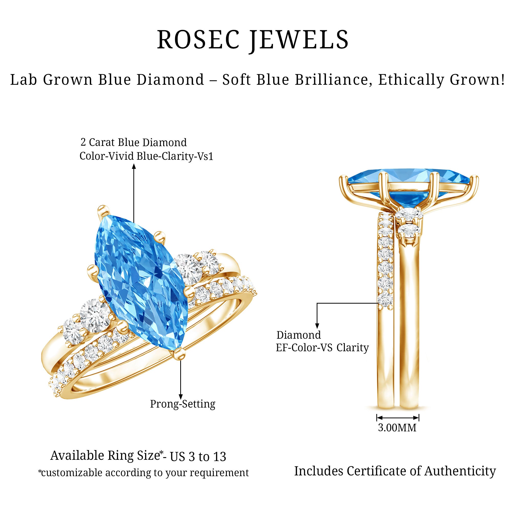 IGI Certified Lab Grown Blue Diamond Marquise Bridal Ring Set 2 Carat Vivid Blue - VS1 - Rosec Jewels