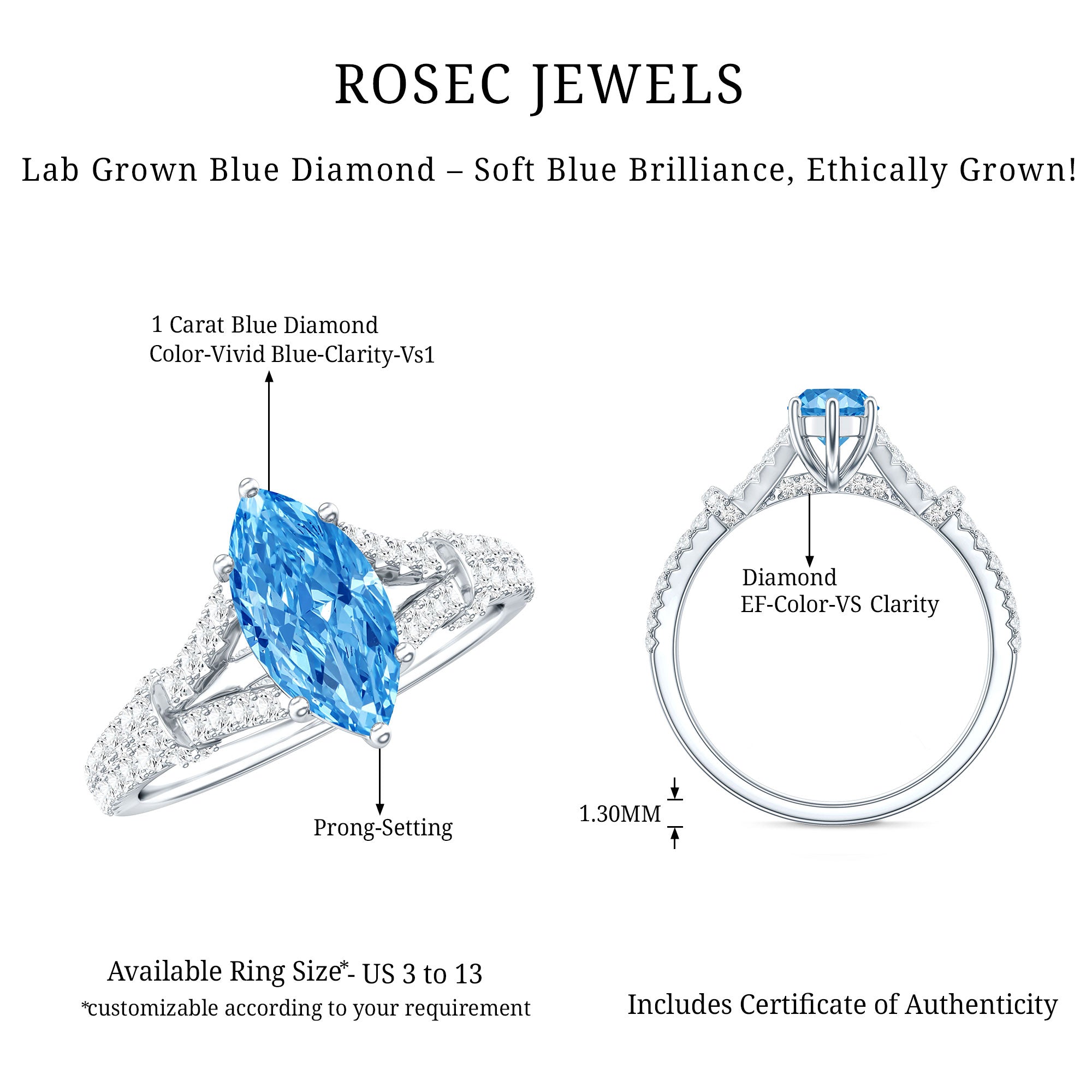 Rosec Jewels-IGI Certified 1 Carat Lab Grown Blue Diamond Engagement Ring with Split Shank