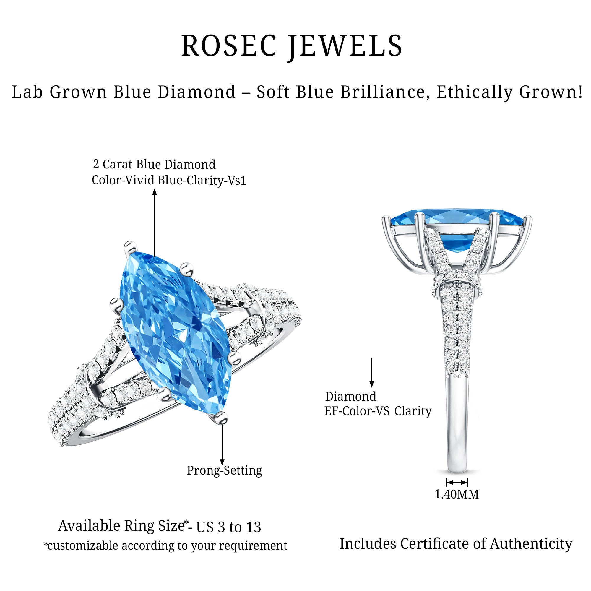 Rosec Jewels-IGI Certified Marquise Cut Lab Grown Blue Diamond 2 Carat Engagement Ring with Split Shank
