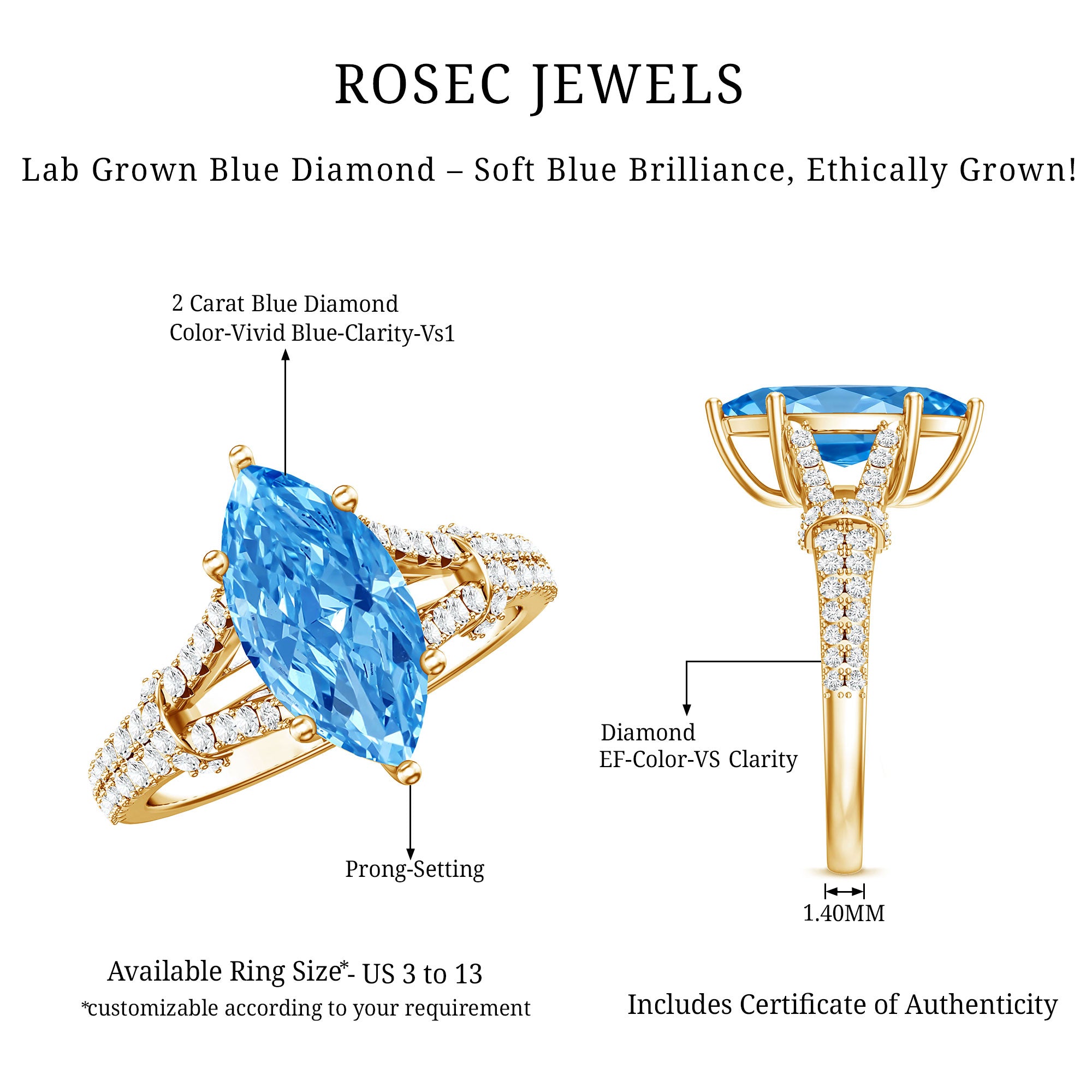 Rosec Jewels-IGI Certified Marquise Cut Lab Grown Blue Diamond 2 Carat Engagement Ring with Split Shank