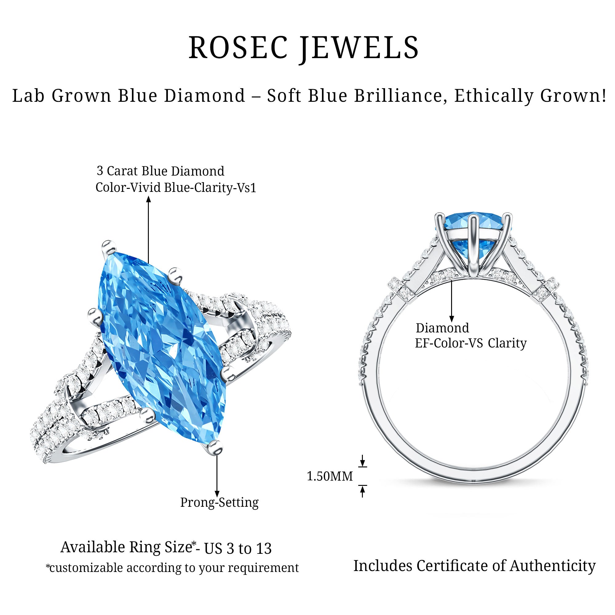 IGI Certified 3 Carat Blue Lab Grown Diamond Marquise Engagement Ring with Split Shank Vivid Blue - VS1 - Rosec Jewels
