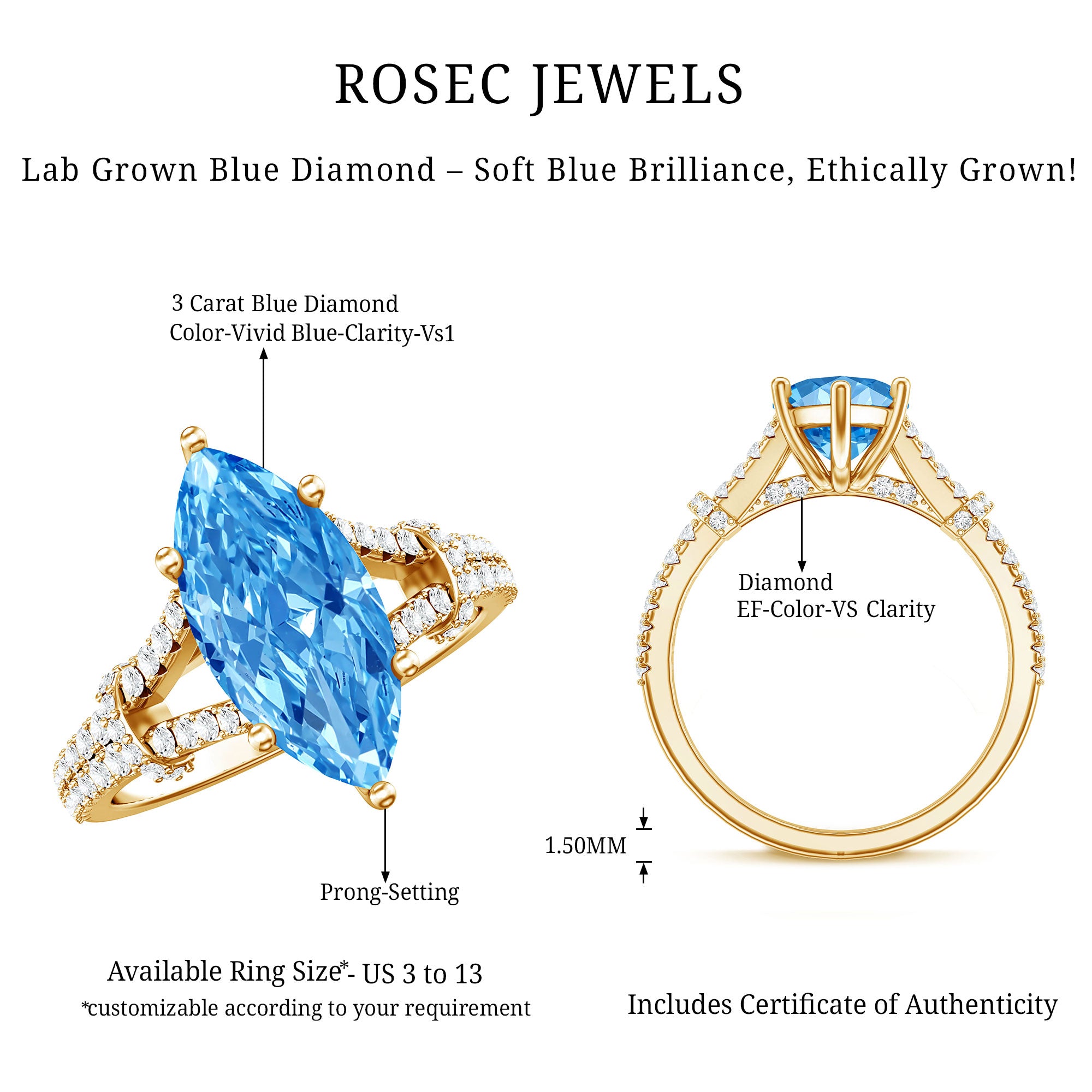 IGI Certified 3 Carat Blue Lab Grown Diamond Marquise Engagement Ring with Split Shank Vivid Blue - VS1 - Rosec Jewels
