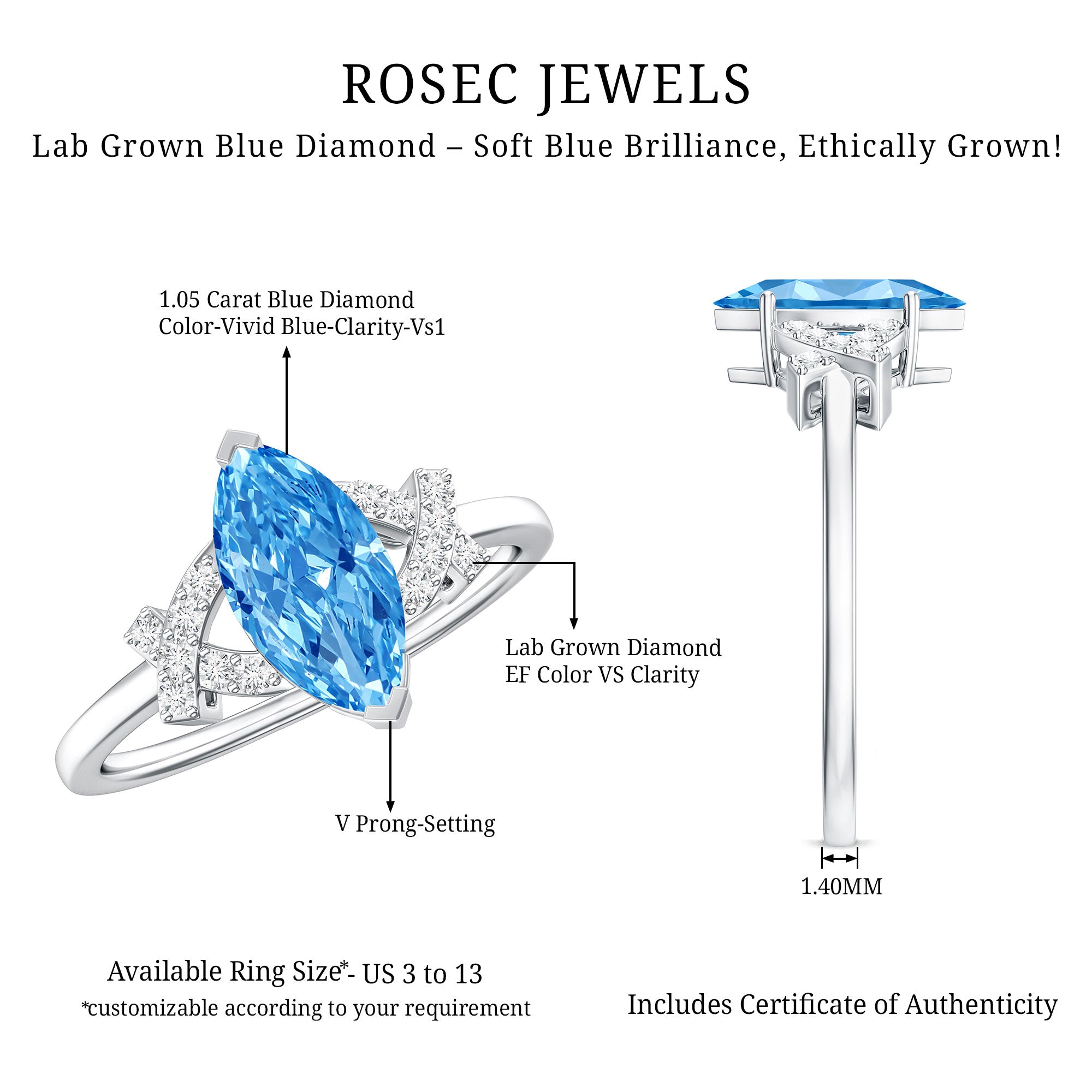 1 Carat Marquise Cut Lab Grown Blue Diamond Statement Ring with IGI Certificate Vivid Blue - VS1 - Rosec Jewels