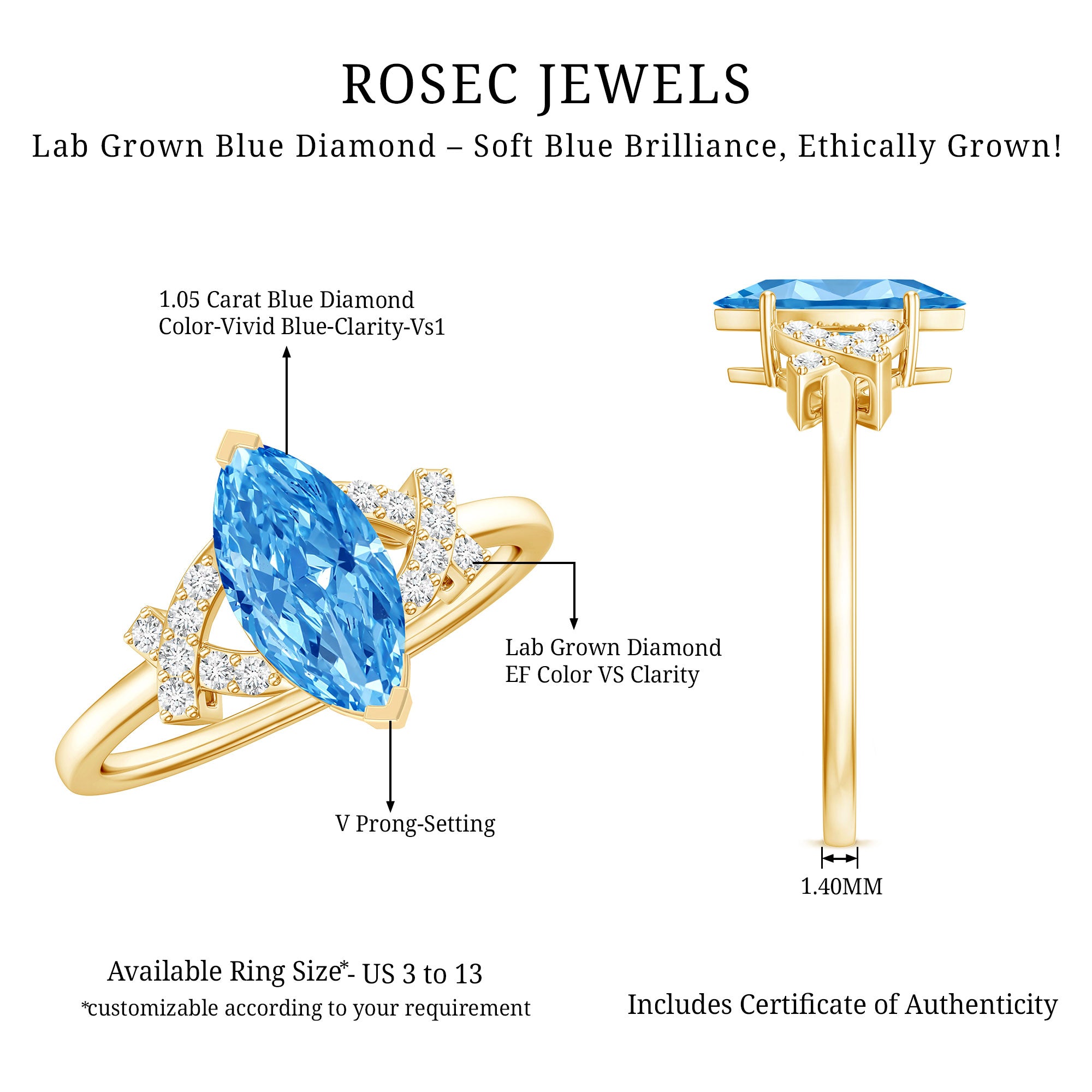 1 Carat Marquise Cut Lab Grown Blue Diamond Statement Ring with IGI Certificate Vivid Blue - VS1 - Rosec Jewels