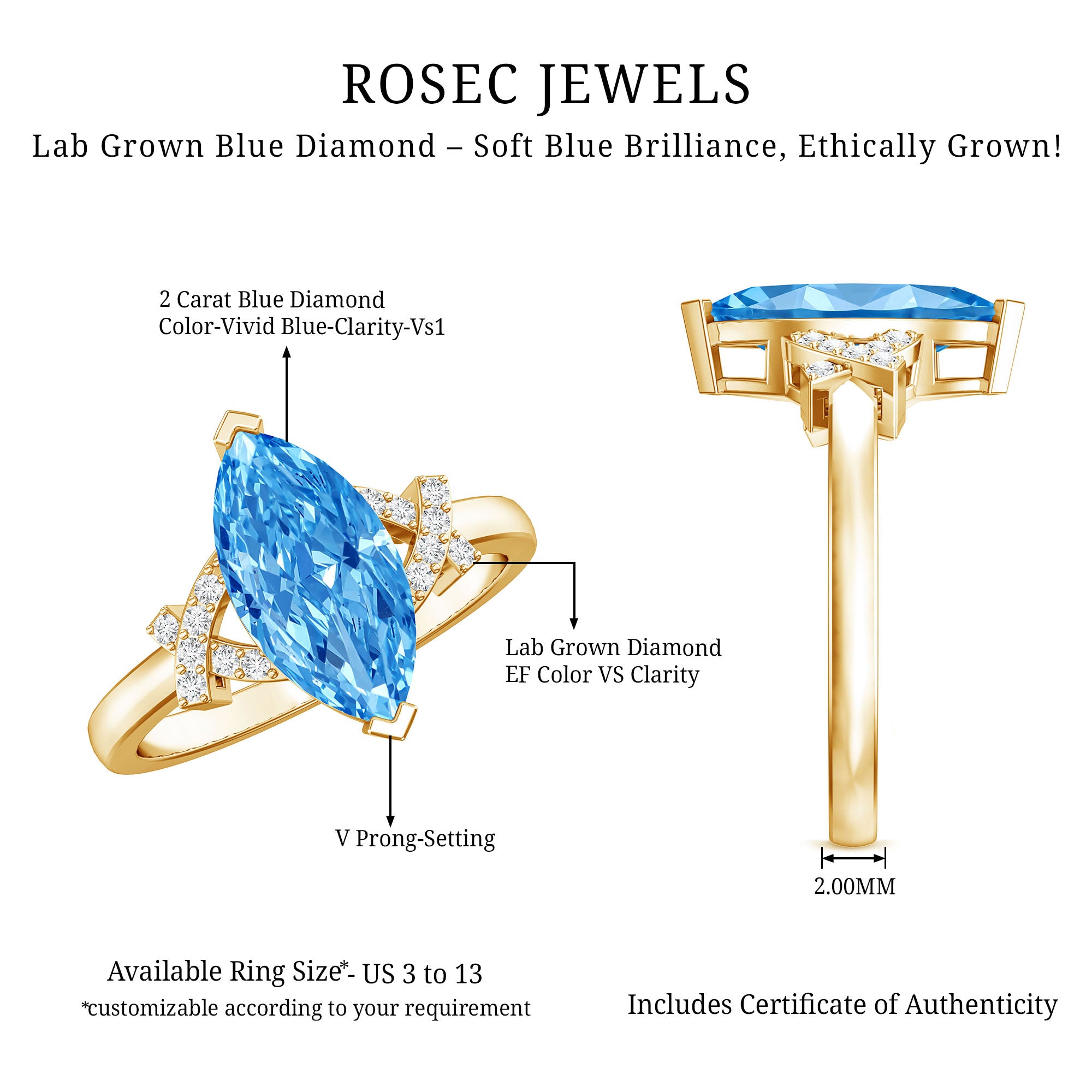 2 Carat Solitaire Lab Grown Blue Diamond Marquise Engagement Ring IGI Certified Vivid Blue - VS1 - Rosec Jewels