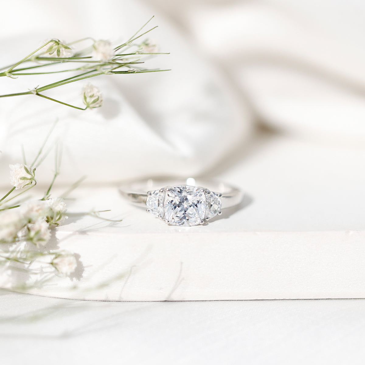 Rosec Jewels-IGI Authenticated 2 Carat Cushion Cut Lab Grown Diamond Three Stone Ring
