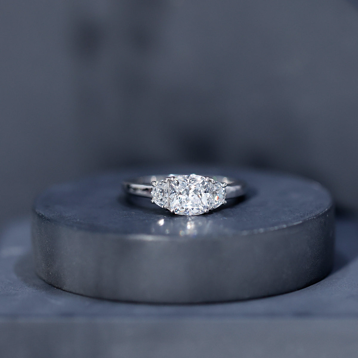 Rosec Jewels-IGI Authenticated 2 Carat Cushion Cut Lab Grown Diamond Three Stone Ring