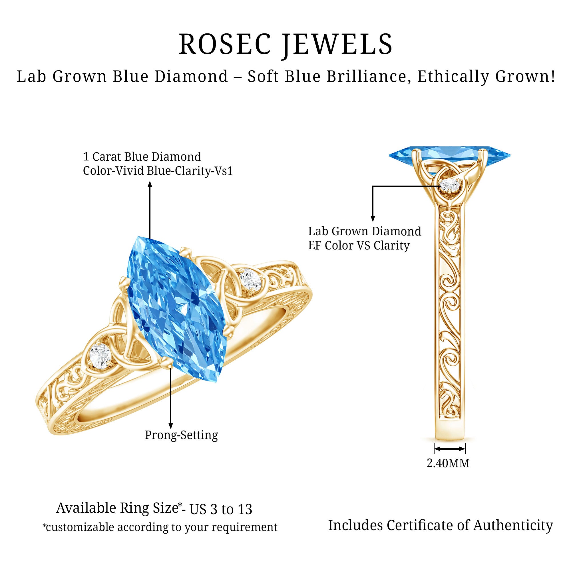 IGI Certified Vintage Looking 1 Carat Lab Blue Diamond Knot Engagement Ring Vivid Blue - VS1 - Rosec Jewels