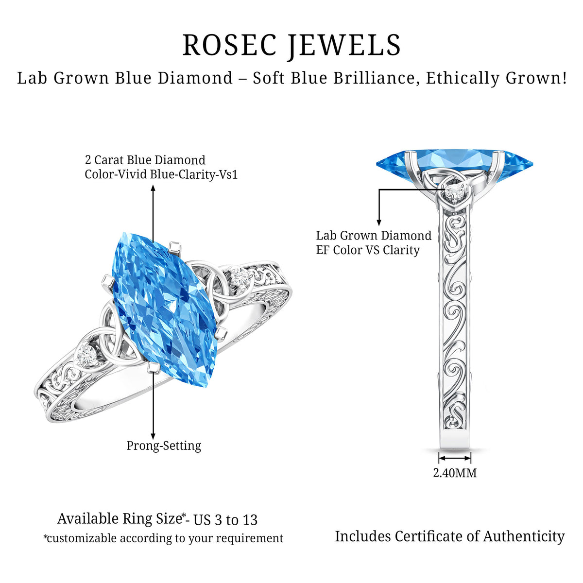 Vintage Inspired 2 Carat Marquise Lab Grown Blue Diamond Celtic Engagement Ring IGI Certified Vivid Blue - VS1 - Rosec Jewels