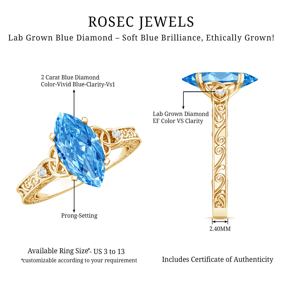 Vintage Inspired 2 Carat Marquise Lab Grown Blue Diamond Celtic Engagement Ring IGI Certified Vivid Blue - VS1 - Rosec Jewels