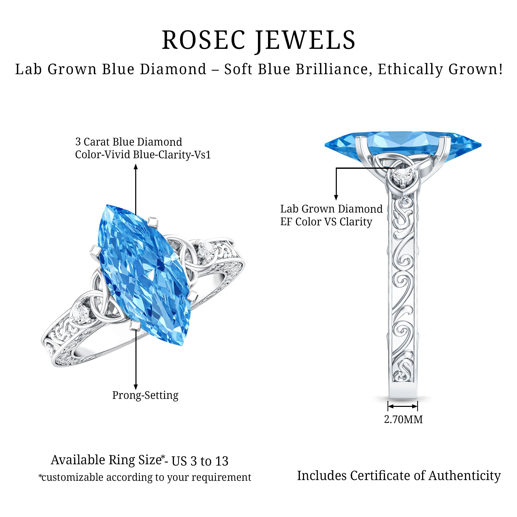 IGI Certified Vintage Celtic Engagement Ring with 3 Carat Marquise Lab Grown Blue Diamond Vivid Blue - VS1 - Rosec Jewels