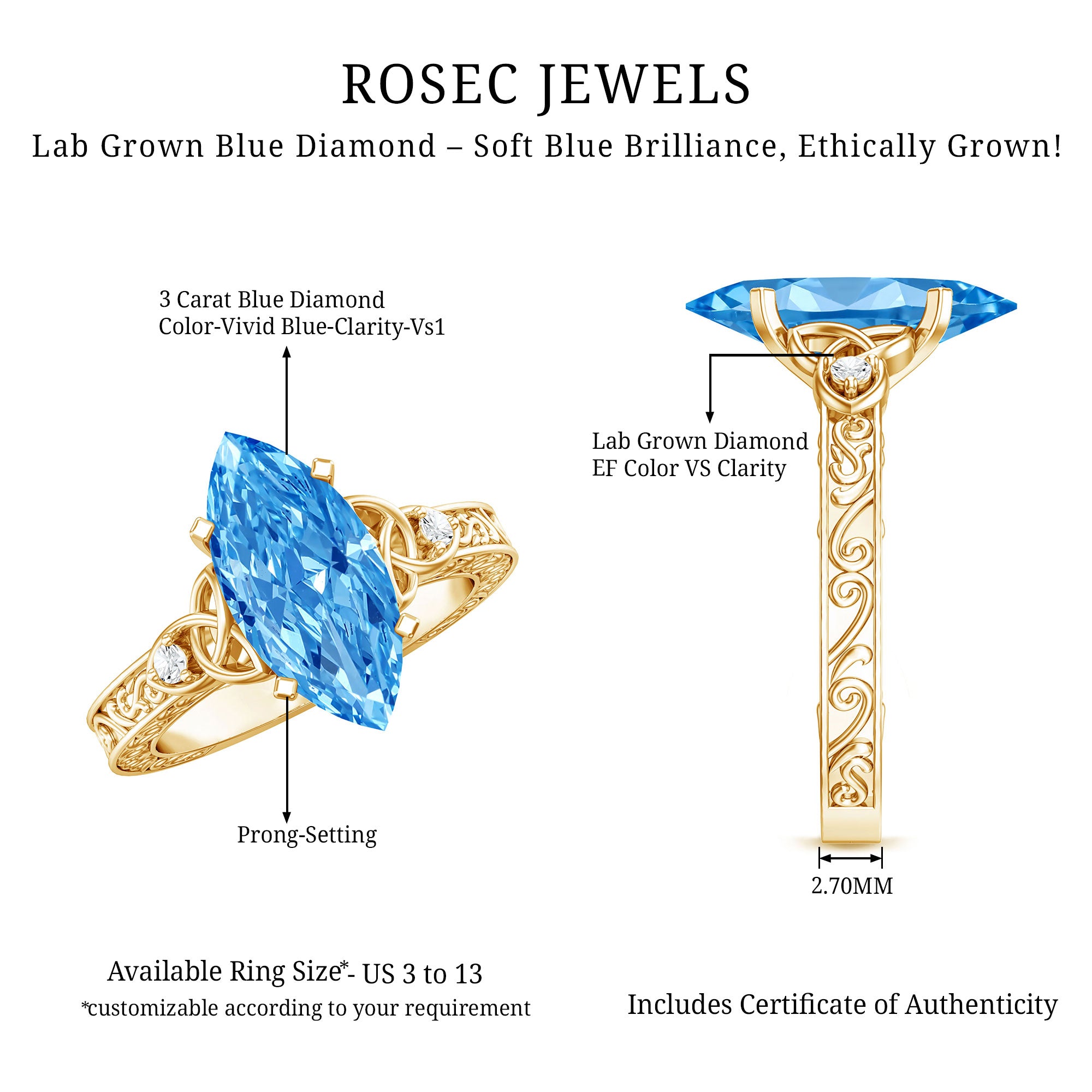 IGI Certified Vintage Celtic Engagement Ring with 3 Carat Marquise Lab Grown Blue Diamond Vivid Blue - VS1 - Rosec Jewels