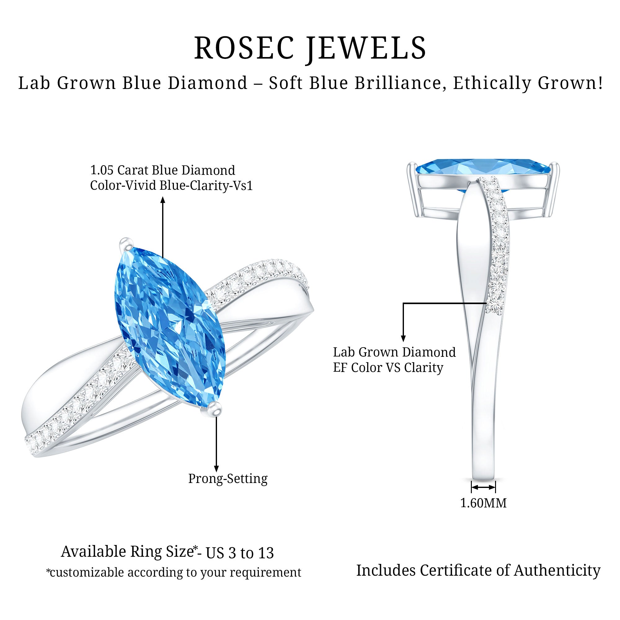 IGI Certified 1 Carat Lab Grown Blue Diamond Marquise Engagement Ring for Women Vivid Blue - VS1 - Rosec Jewels