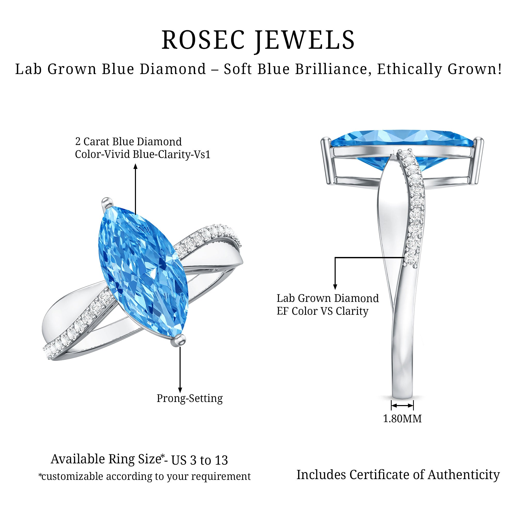 2 Carat Lab Grown Blue Diamond Marquise Cut Engagement Ring with IGI Certificate Vivid Blue - VS1 - Rosec Jewels