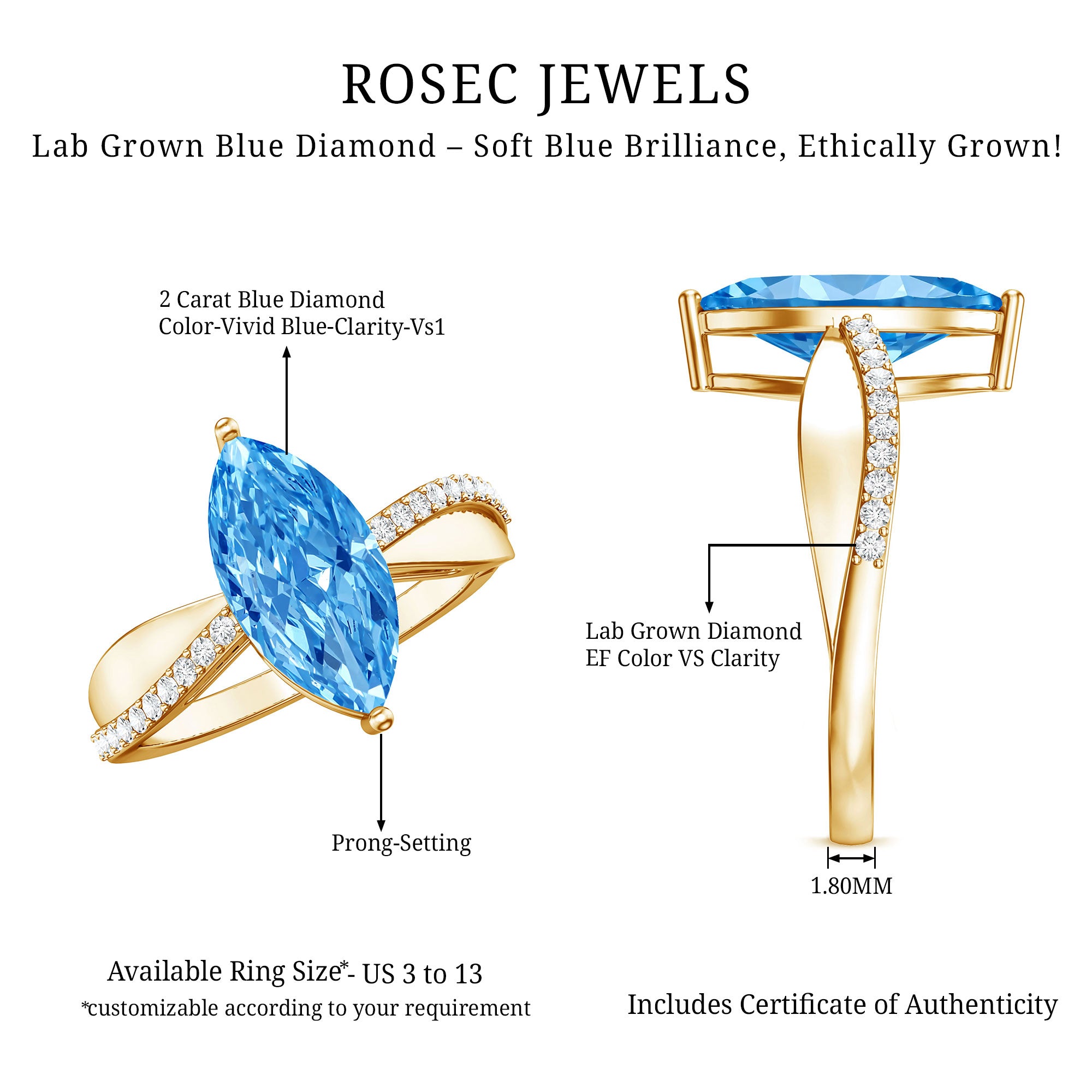 2 Carat Lab Grown Blue Diamond Marquise Cut Engagement Ring with IGI Certificate Vivid Blue - VS1 - Rosec Jewels