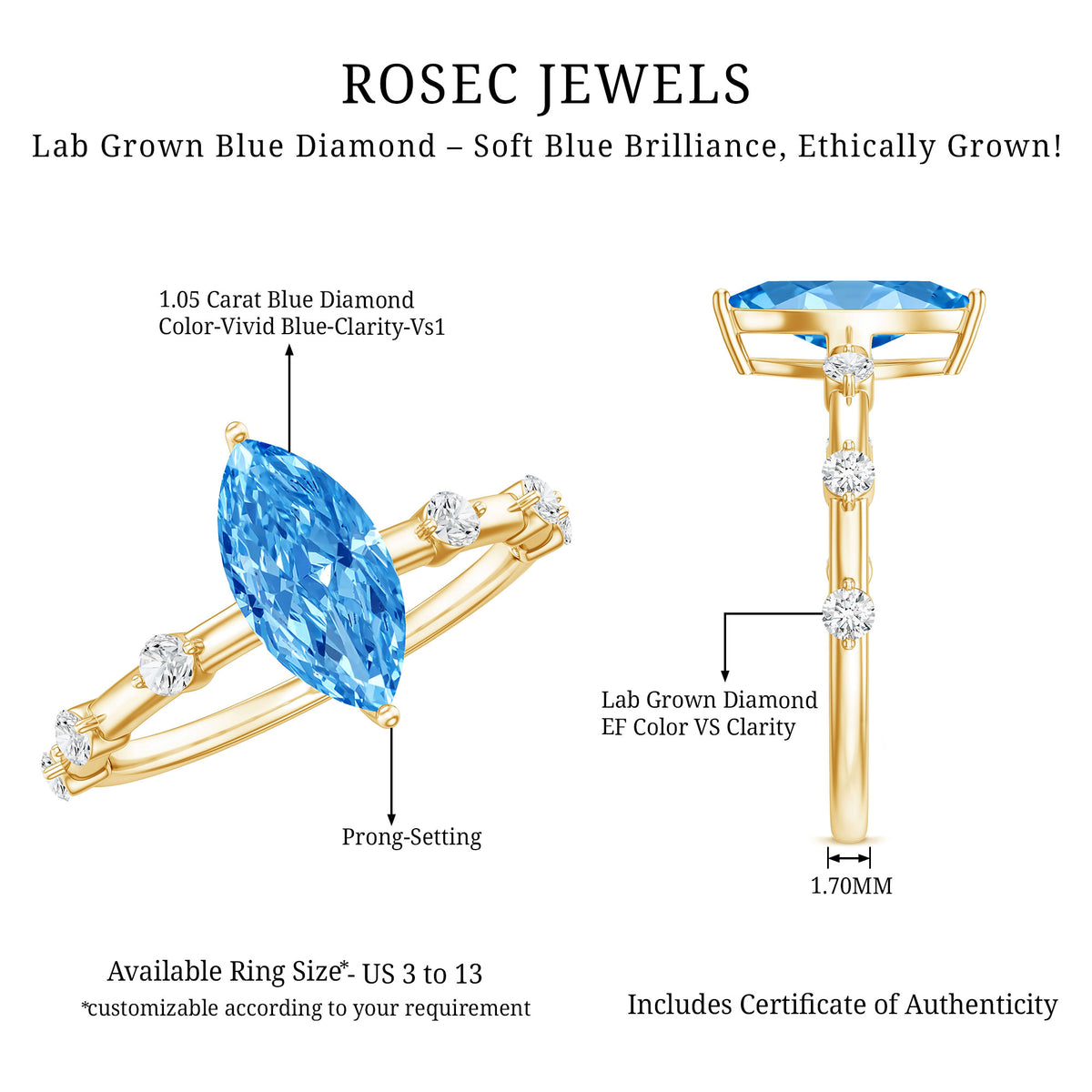 IGI Certified 1 Carat Lab Grown Vivid Blue Diamond Engagement Ring Marquise Vivid Blue - VS1 - Rosec Jewels