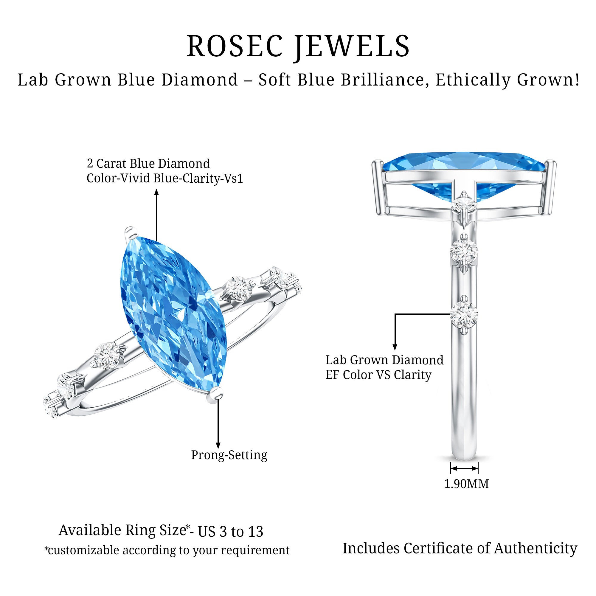 Rosec Jewels-Lab Grown 2 Carat Blue Diamond Marquise Cut Engagement Ring with IGI Certificate