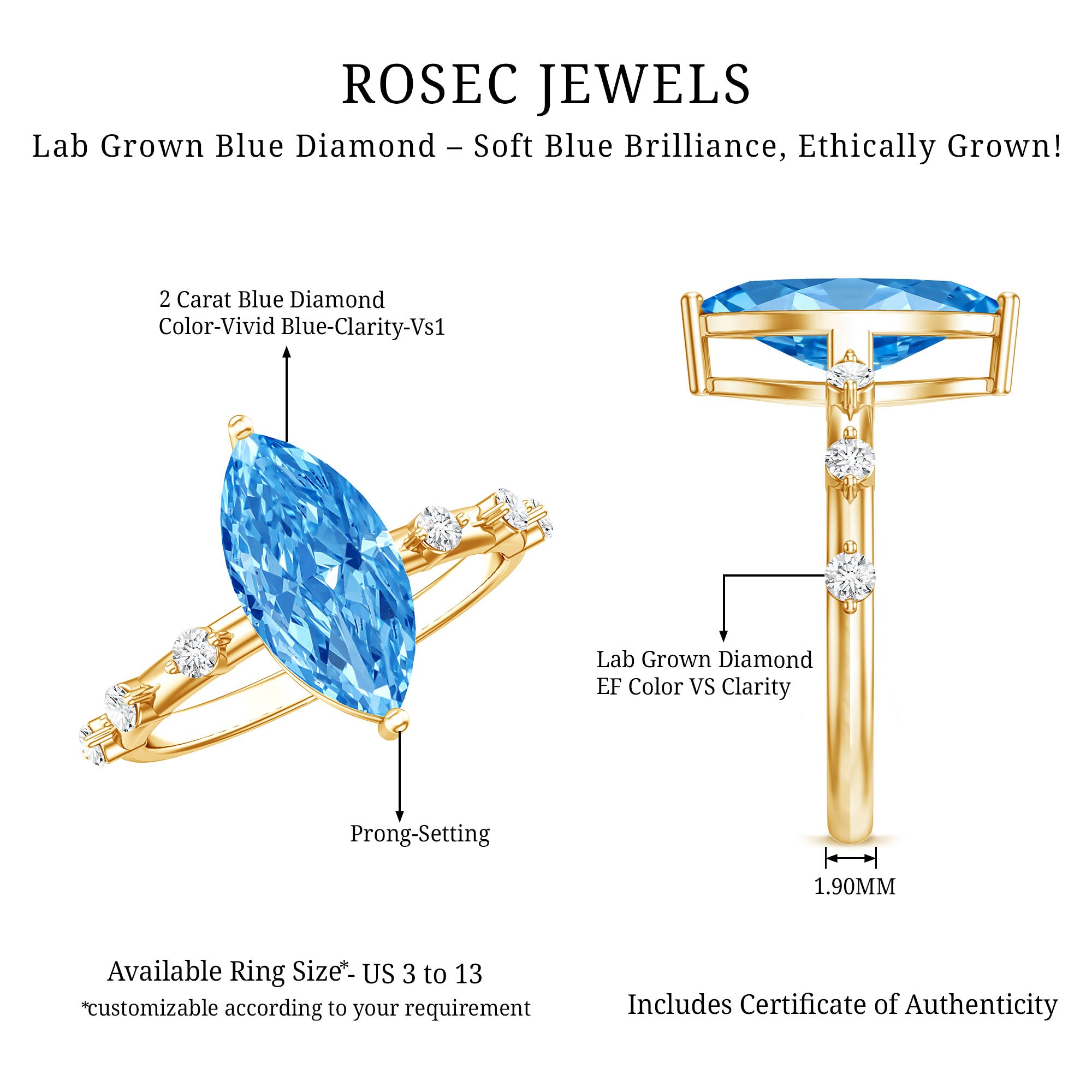 Rosec Jewels-Lab Grown 2 Carat Blue Diamond Marquise Cut Engagement Ring with IGI Certificate