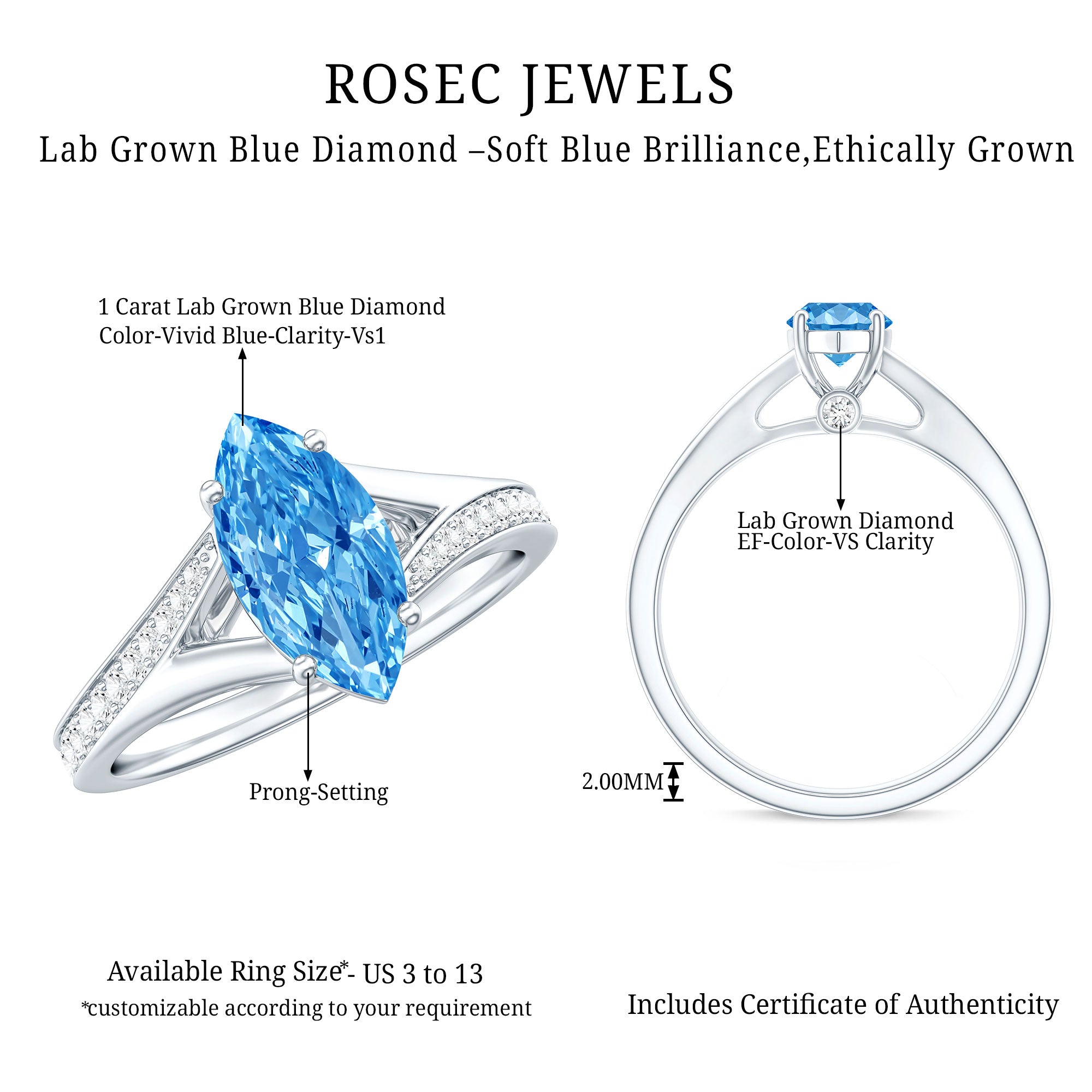 Marquise Cut IGI Certified 1 Carat Lab Grown Blue Diamond Engagement Ring with Split Shank Vivid Blue - VS1 - Rosec Jewels