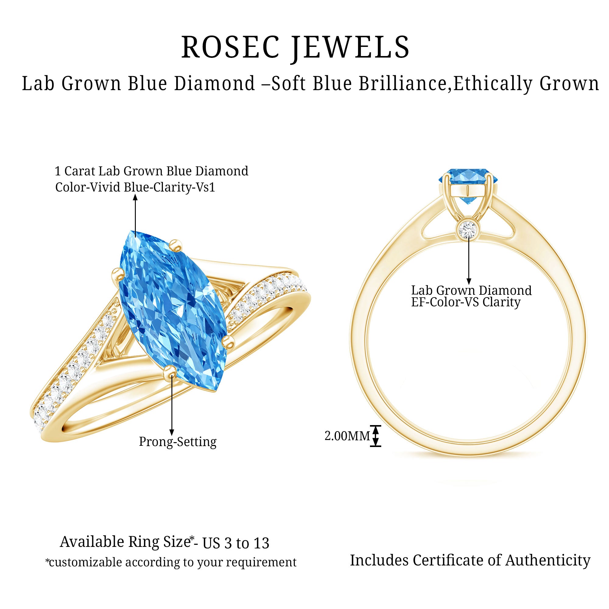 Marquise Cut IGI Certified 1 Carat Lab Grown Blue Diamond Engagement Ring with Split Shank Vivid Blue - VS1 - Rosec Jewels