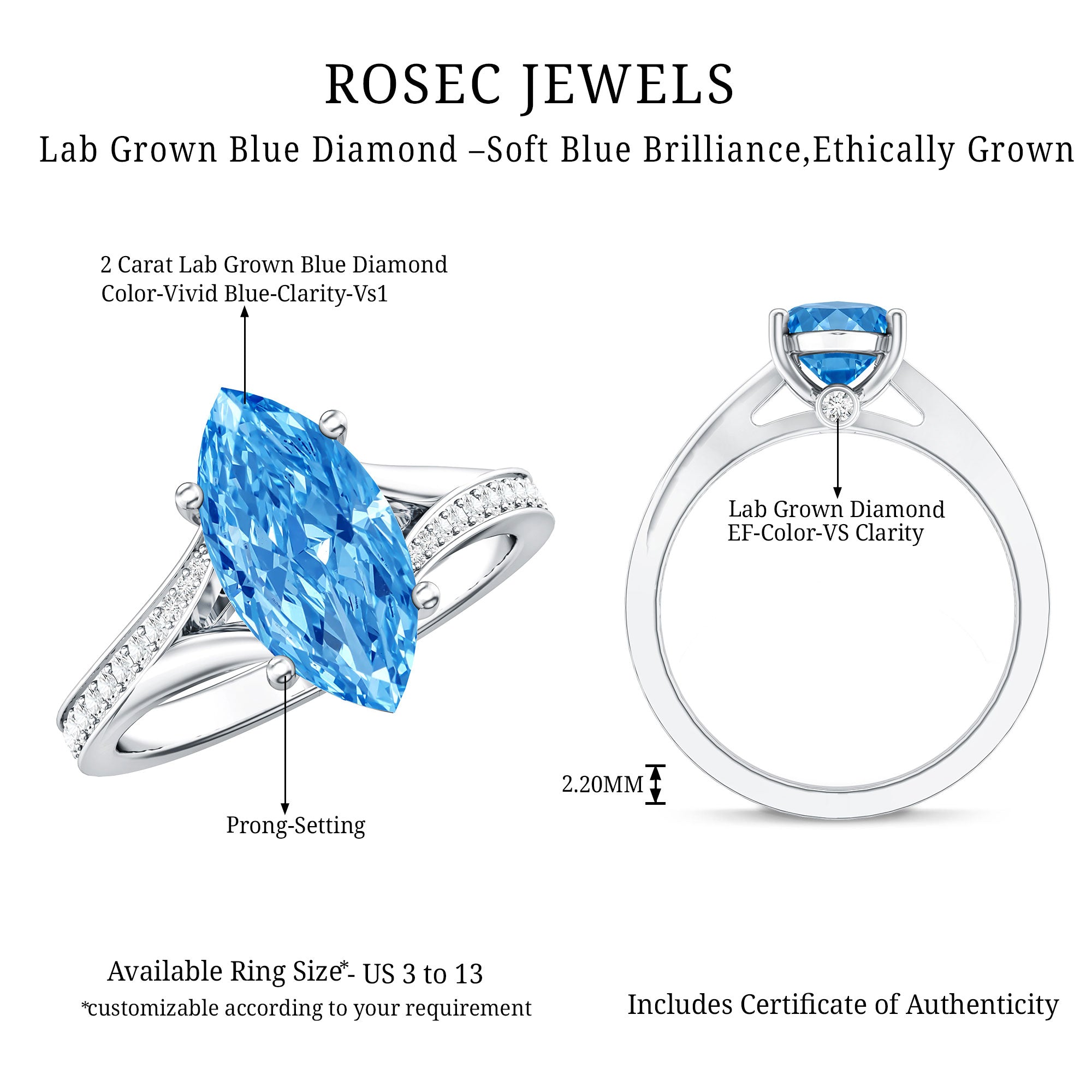 Rosec Jewels-IGI Certified 2 Carat Lab Grown Blue Diamond Split Shank Engagement Ring