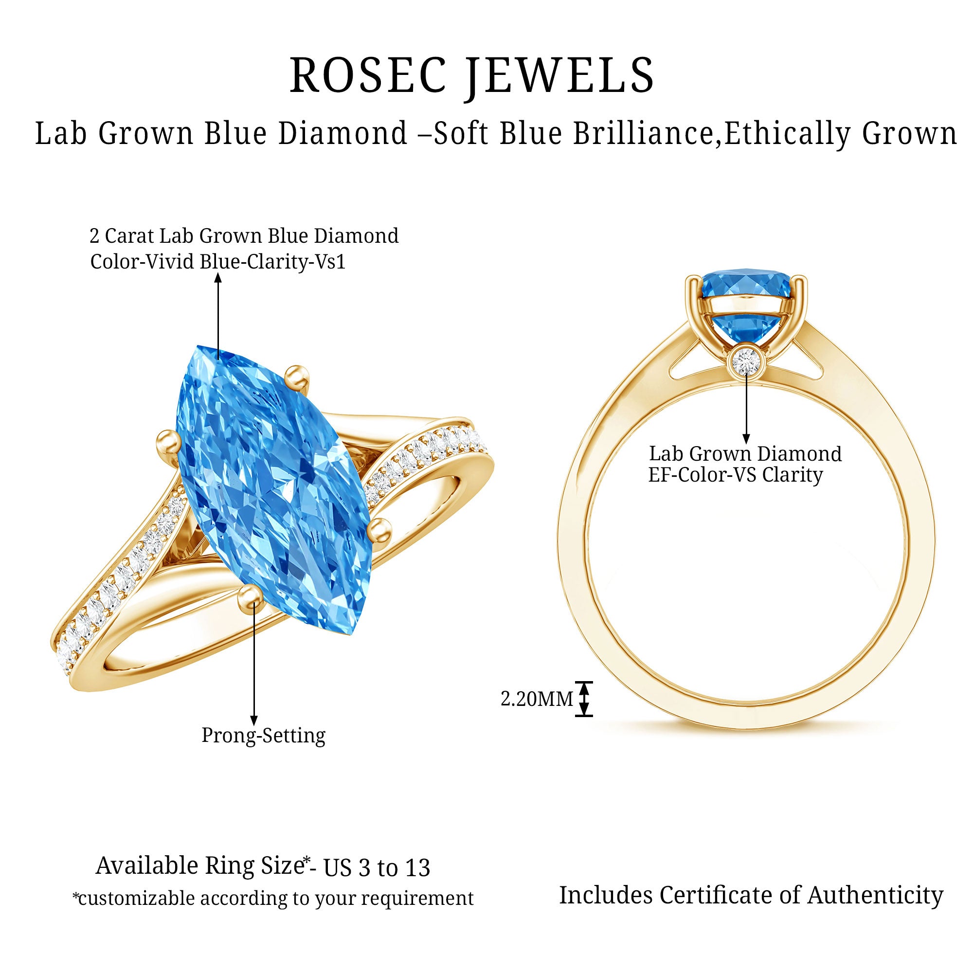 Rosec Jewels-IGI Certified 2 Carat Lab Grown Blue Diamond Split Shank Engagement Ring