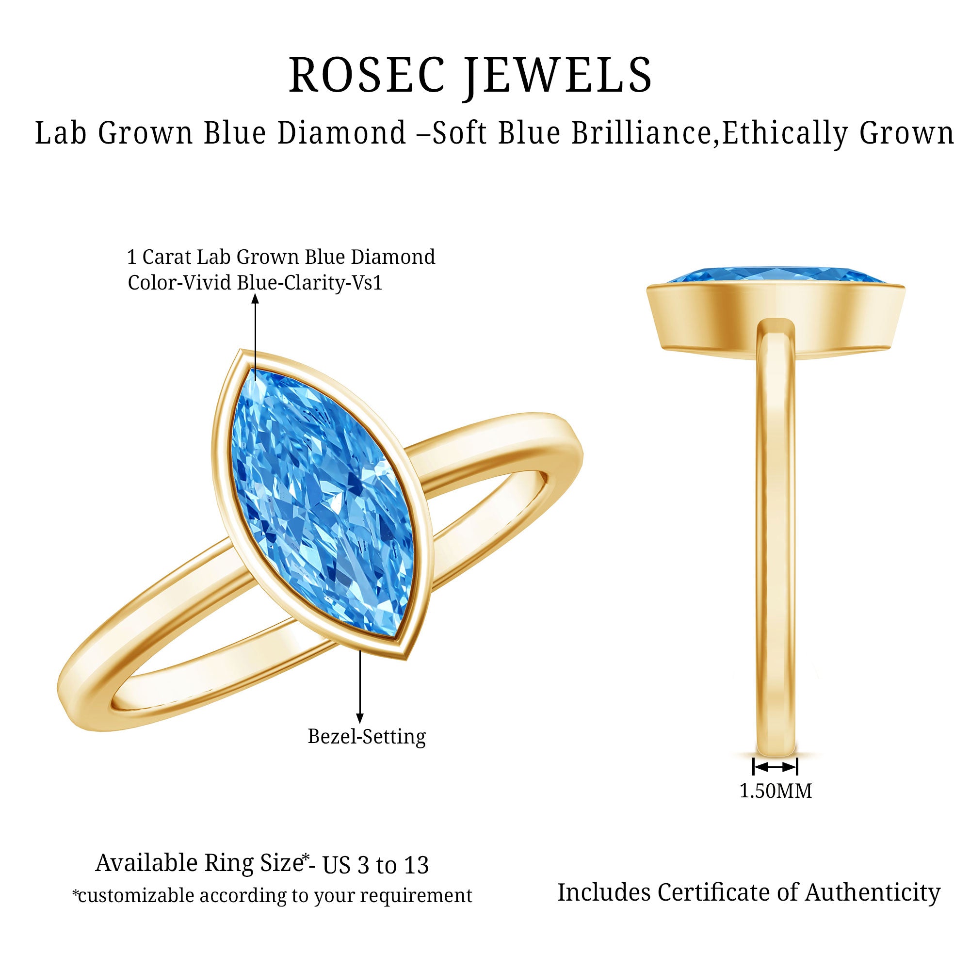 IGI Certified Marquise Cut Lab Grown Blue Diamond 1 Carat Engagement Ring in Bezel Setting Vivid Blue - VS1 - Rosec Jewels